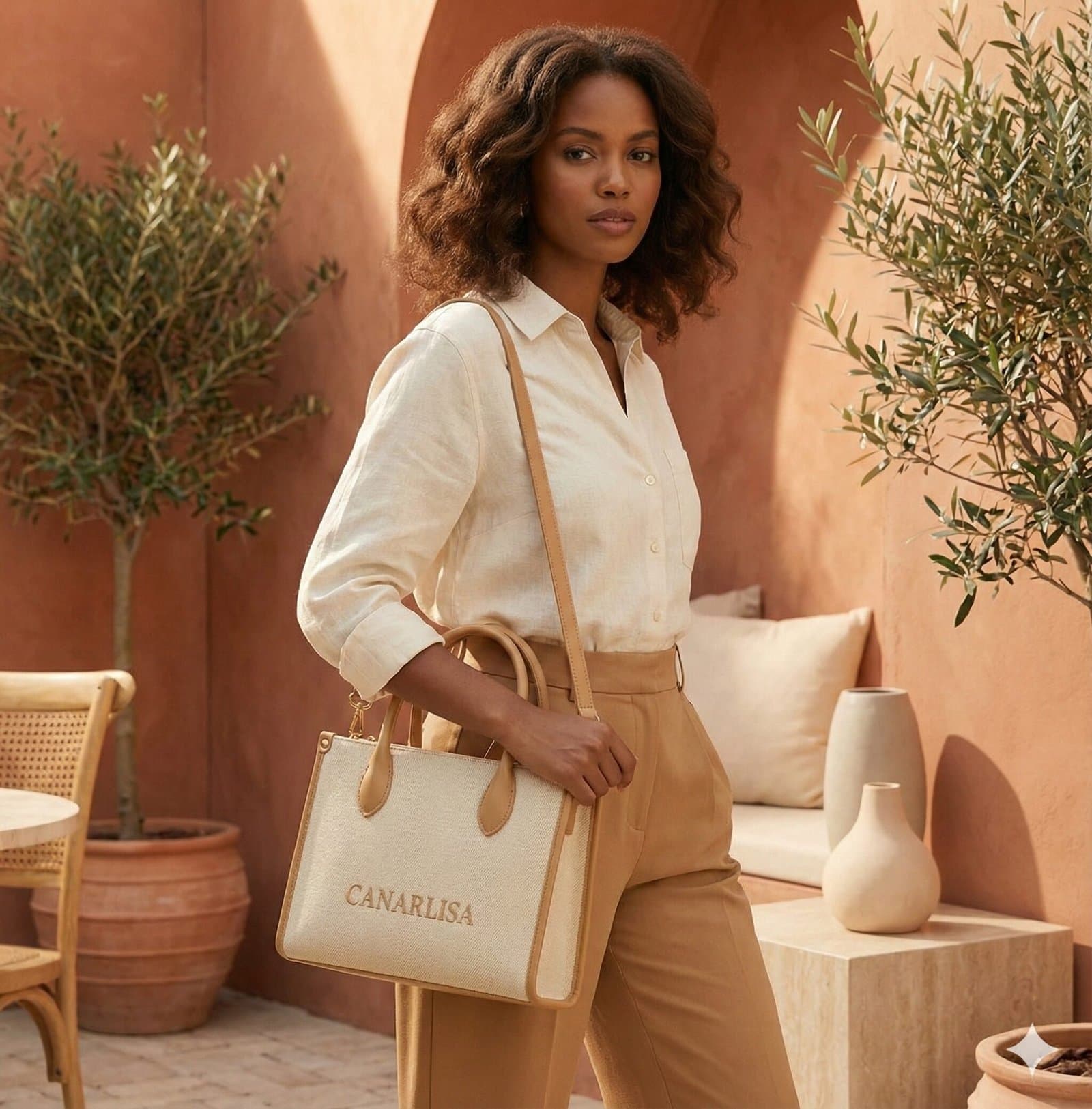 Canarlisa Structured Canvas Tote Bag – Cream & Tan — image 2