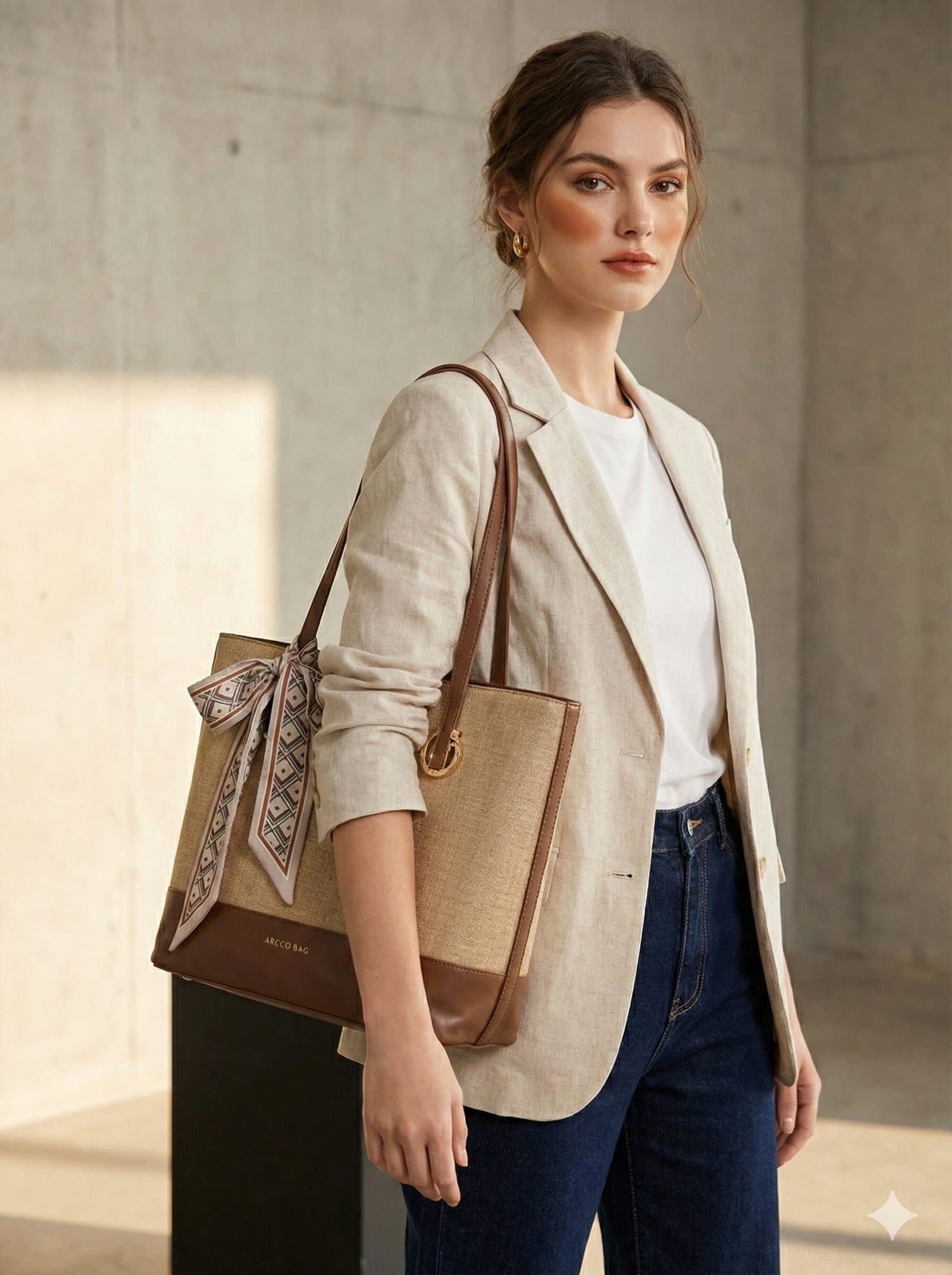 The Scarf-Accented Woven Tote – Natural & Chestnut — image 2