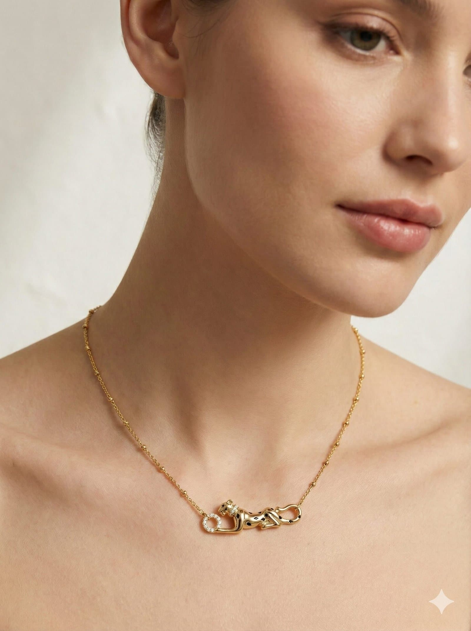 Gold-Tone Sculpted Panther Pendant Necklace with Crystal Accents and Beaded Chain — image 5