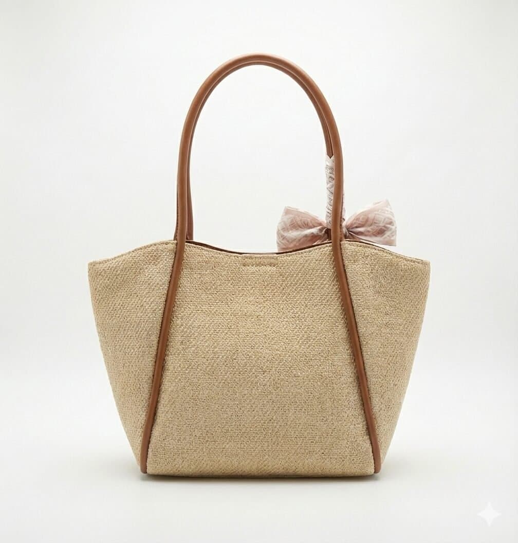 Midnight Woven Texture Tote with Leopard Scarf Accent Natural Beige — image 2