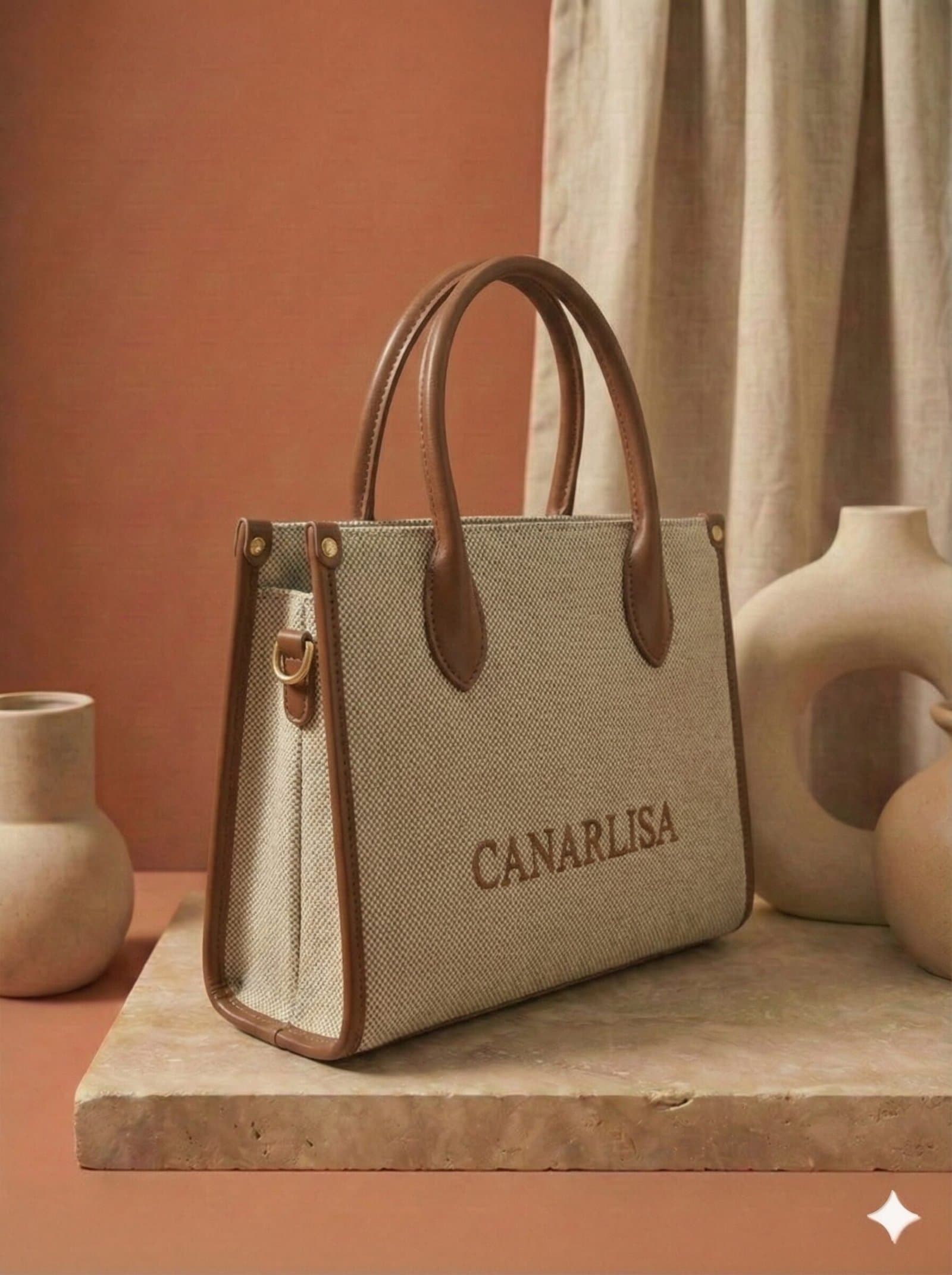 Canarlisa Two-Tone Canvas & Leather Trim Tote Bag – Brown — image 3