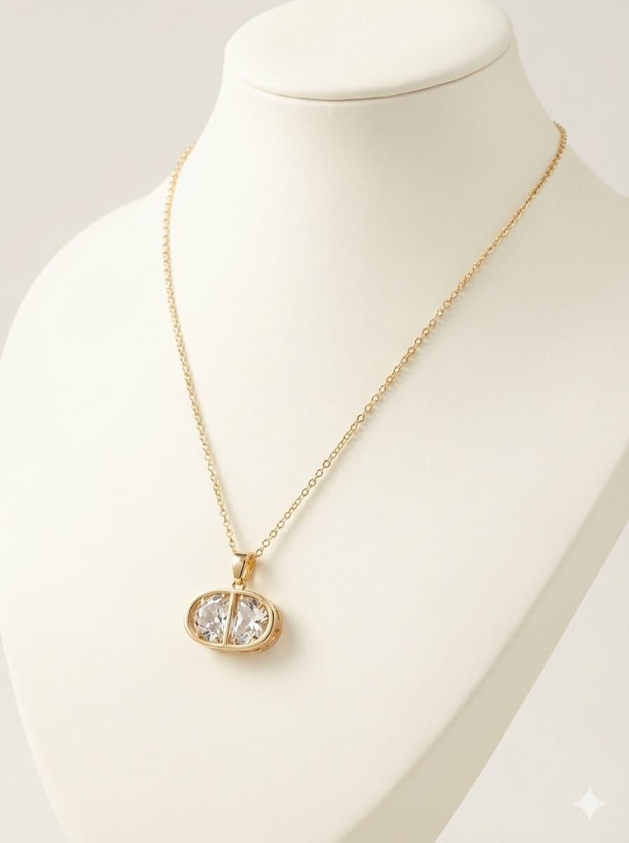 Gold-Tone Oval Pendant Necklace with Dual Faceted Clear Crystals — image 3