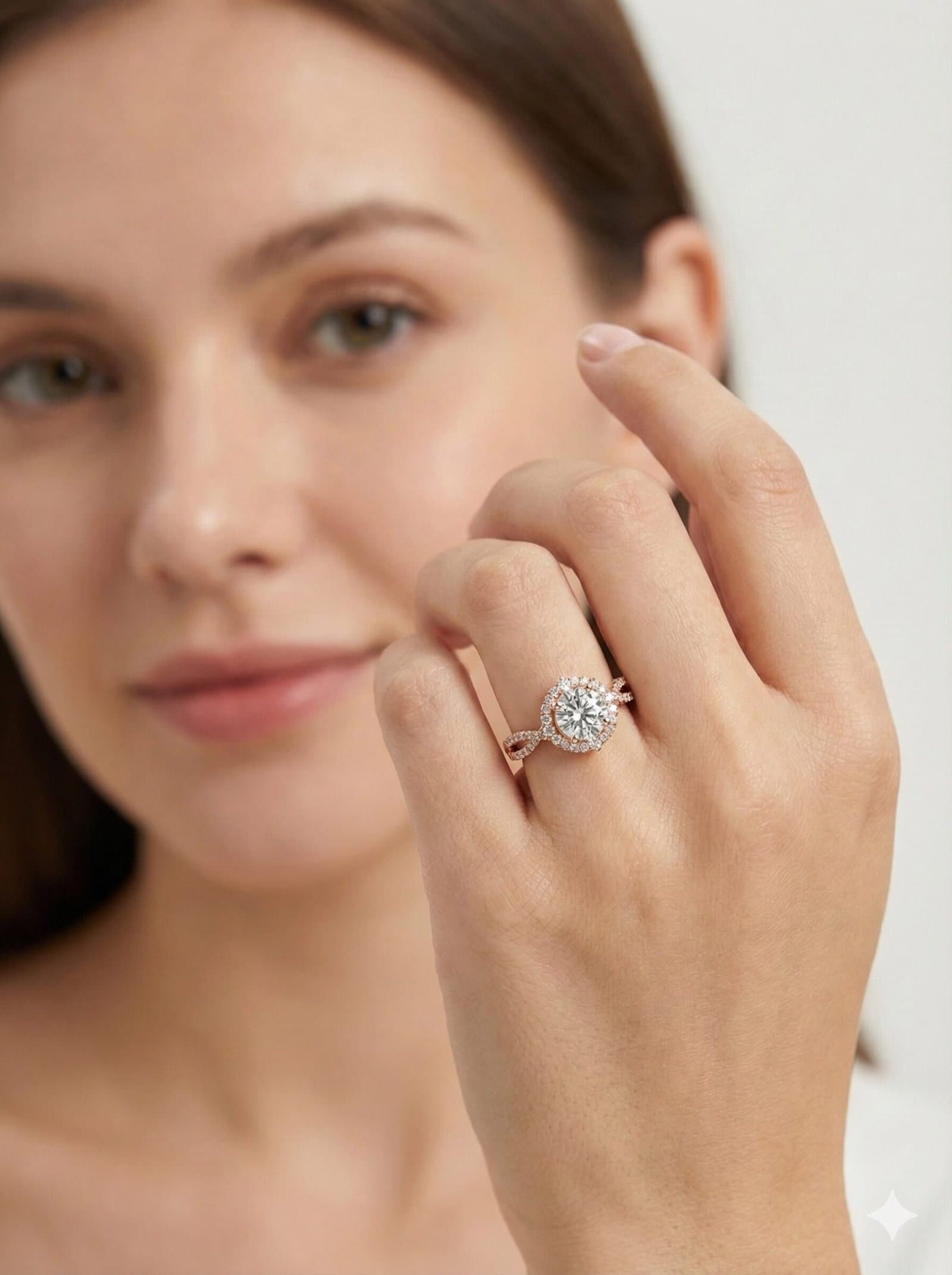Rose Gold Tone Round Halo Ring with Twisted Split Shank and Pave Accents — image 2