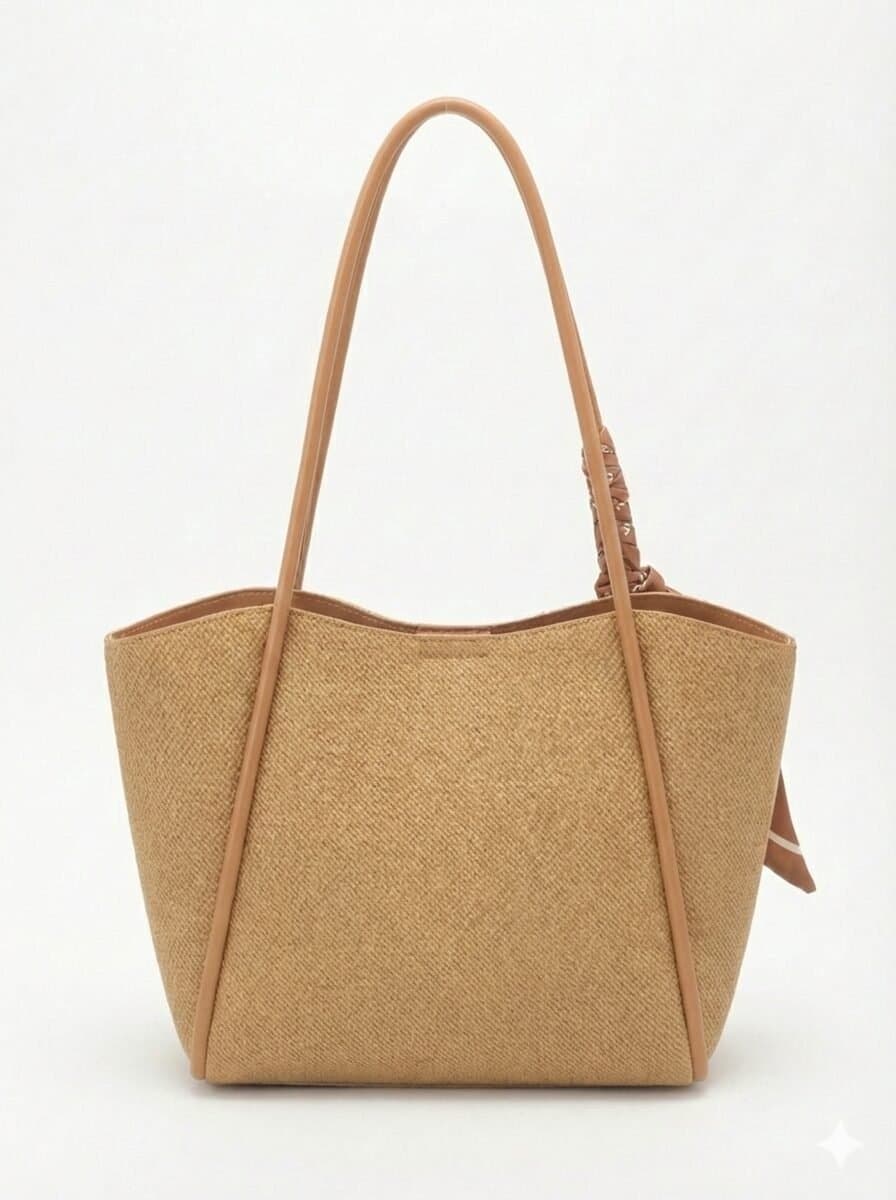 Midnight Woven Texture Tote with Leopard Scarf Accent Golden Tone — image 2