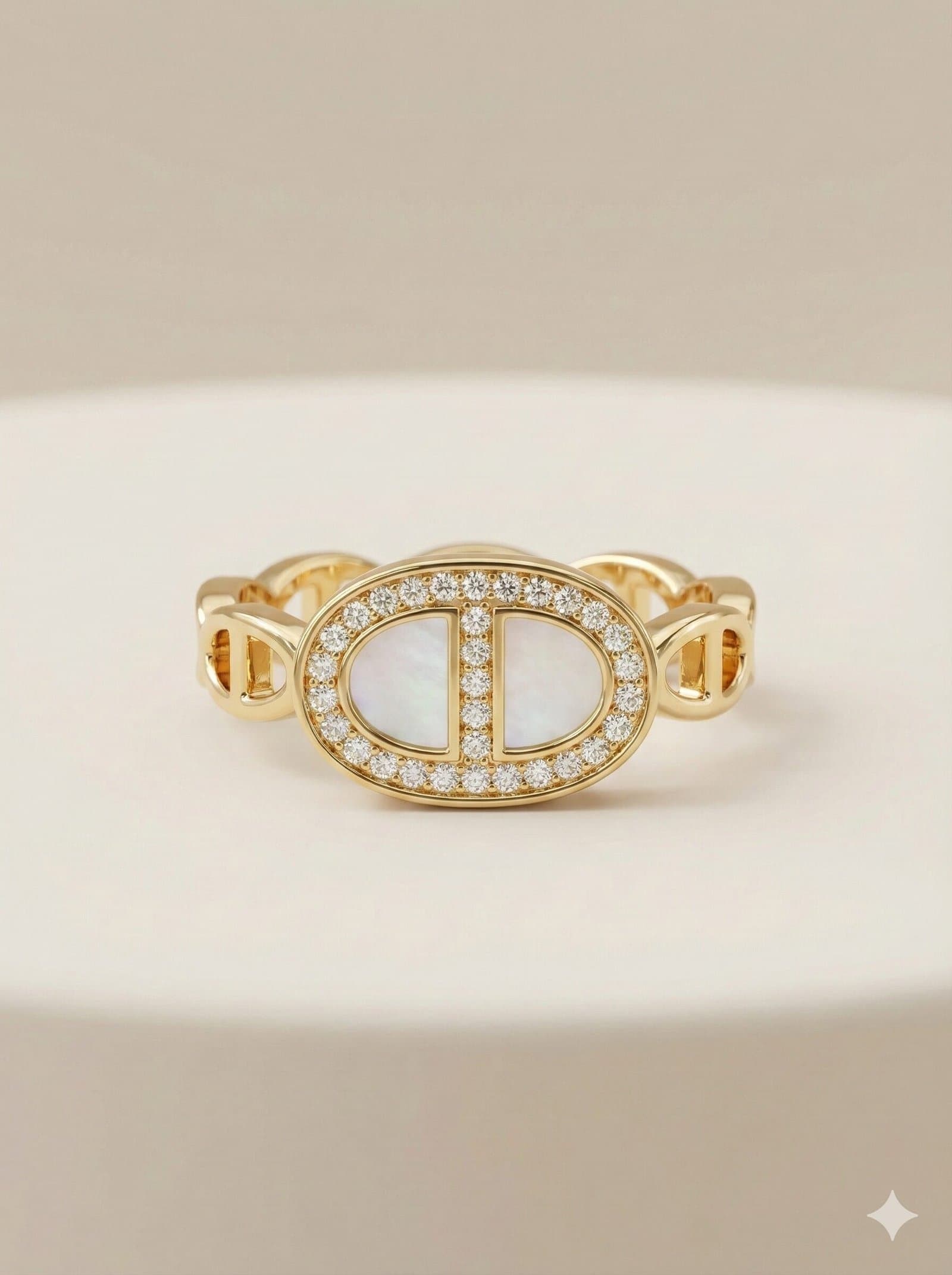 Gold-Tone Marine Link Ring with Oval Pave Halo and Pearlescent Inlay — image 1