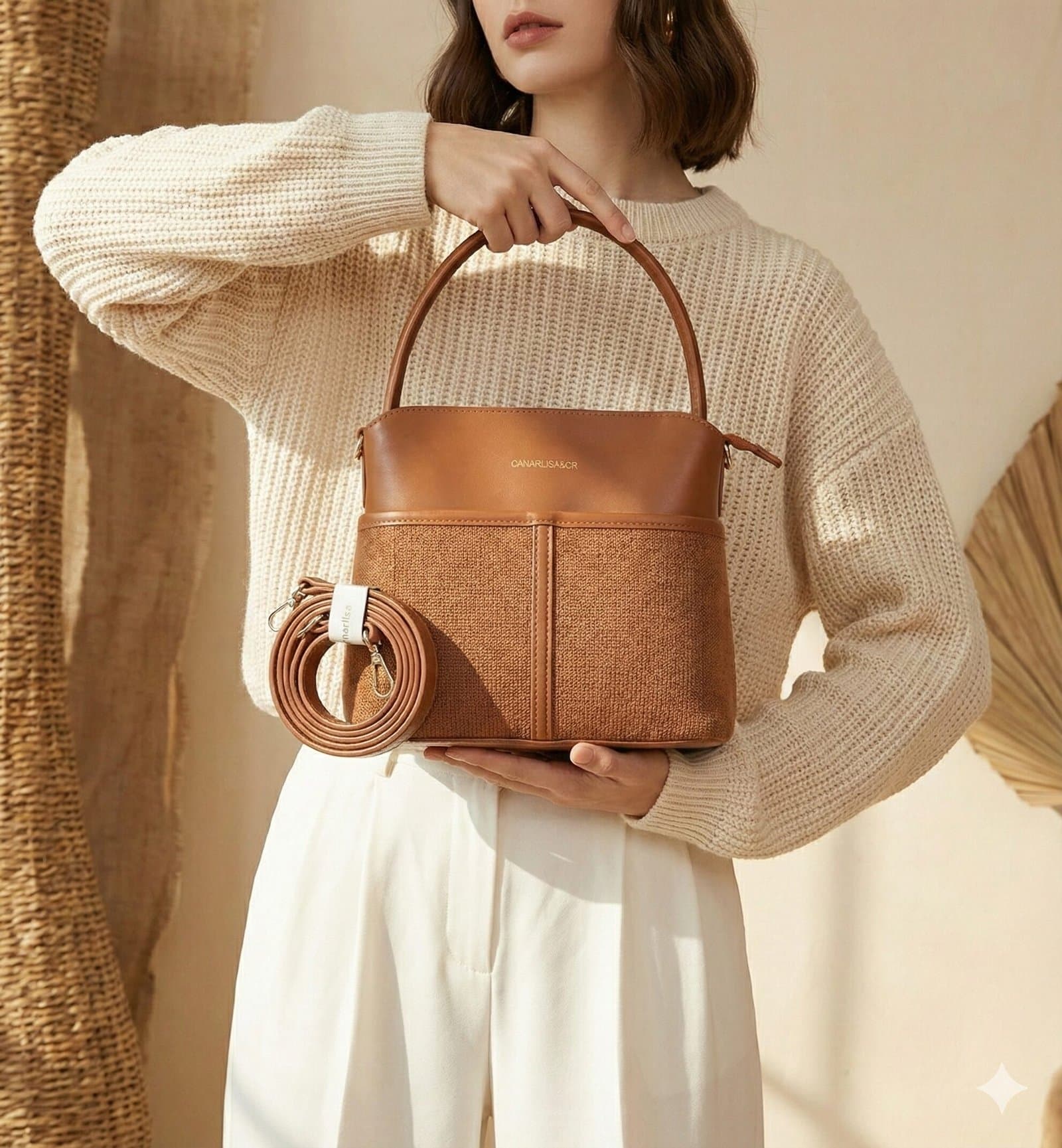 The Two-Tone Textured Satchel – Cognac Brown — image 4