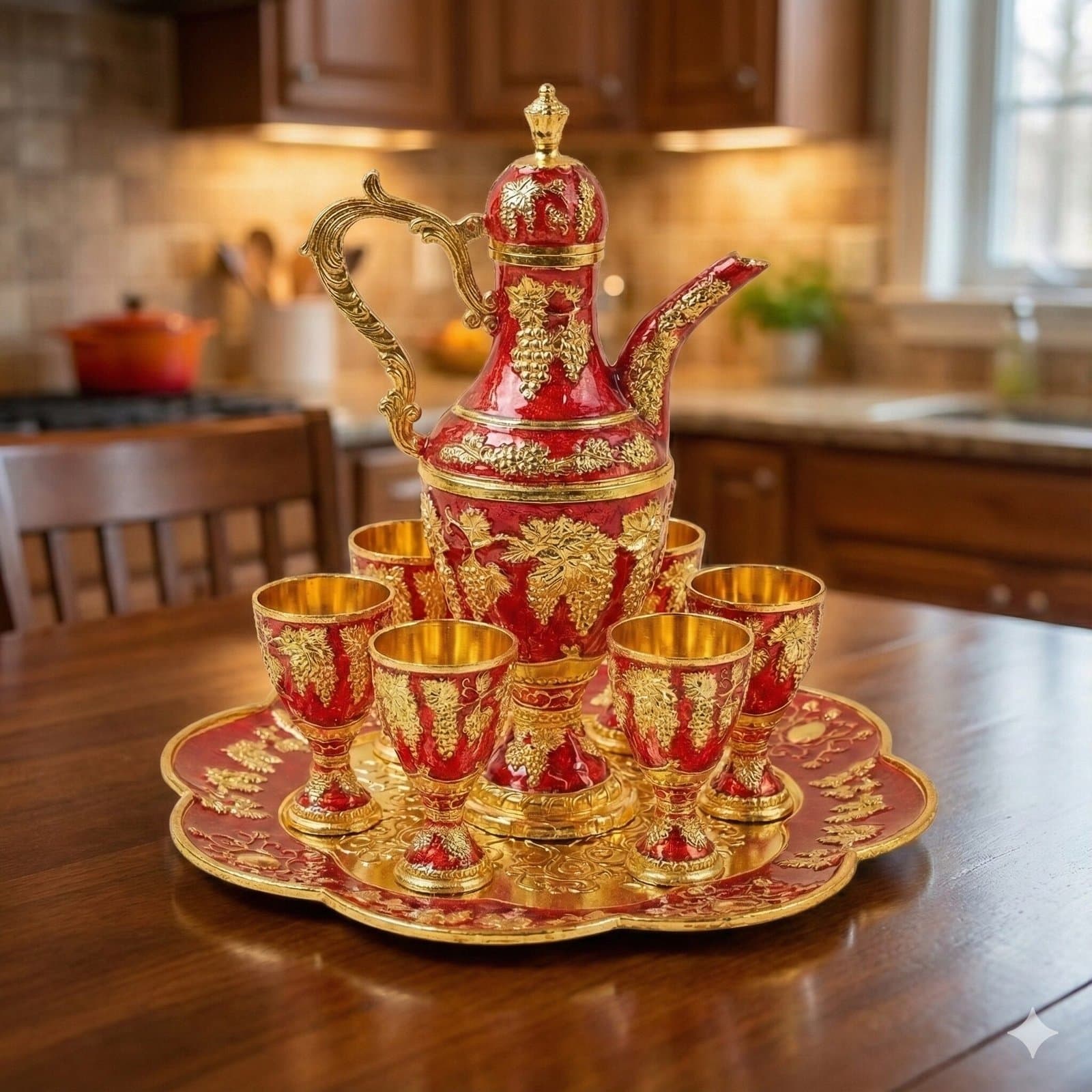Imperial Red & Grapevine Enameled Decanter Set 8 Piece — image 4