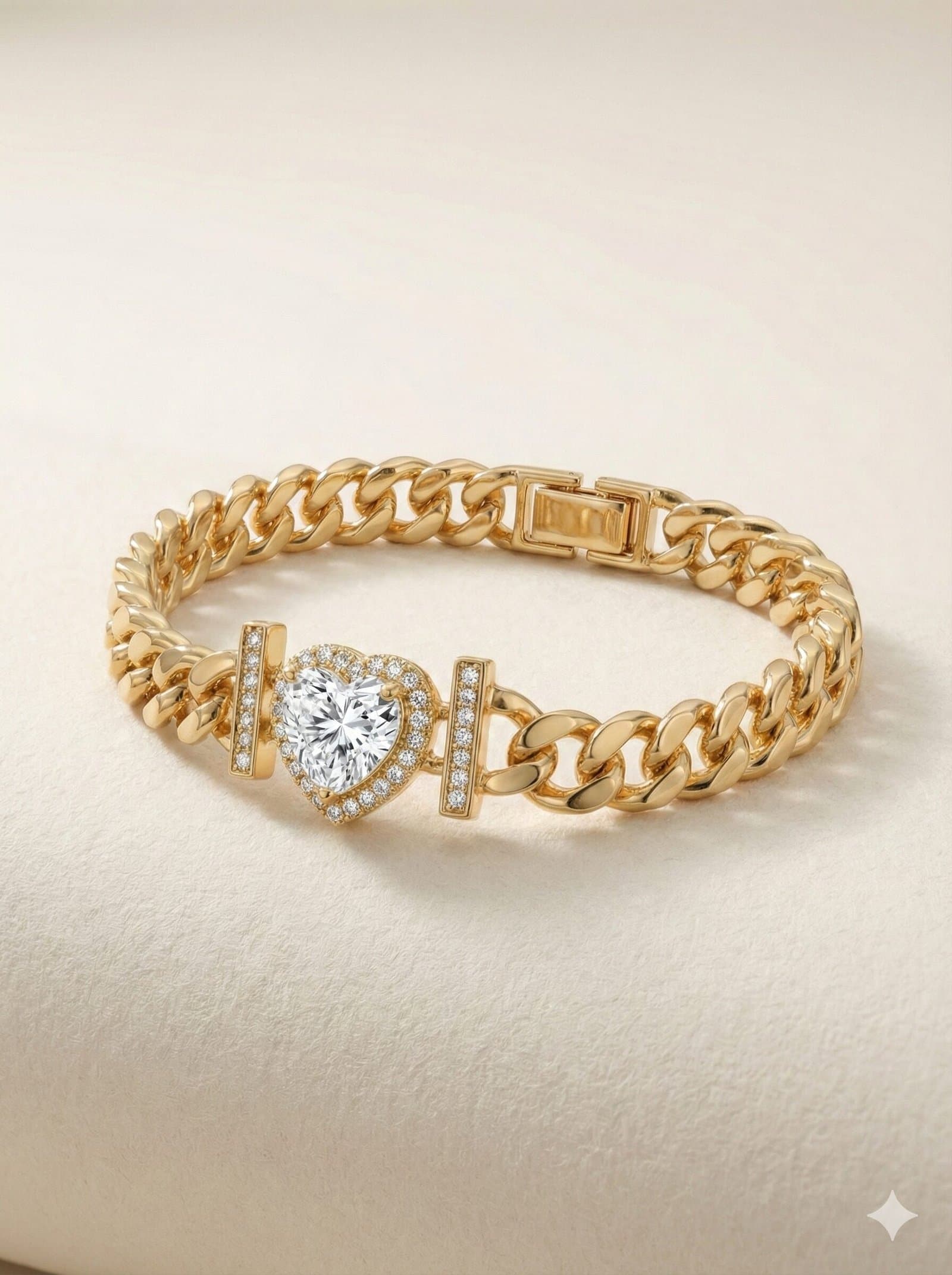 Gold-Tone Cuban Link Bracelet with Pave Crystal Heart Centerpiece — image 2