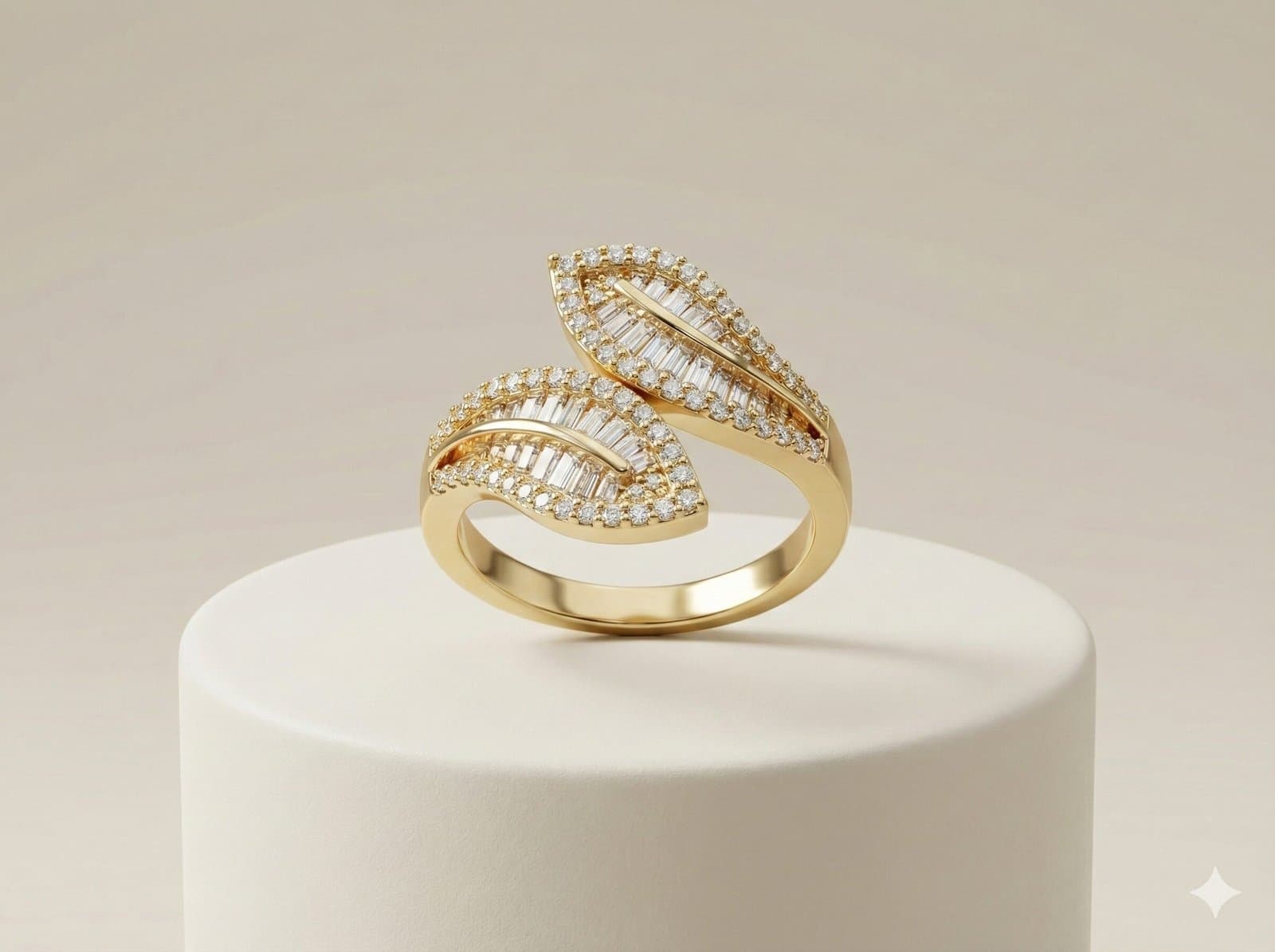 Gold-Tone Open Cuff Bangle and Matching Wrap Ring Set with Baguette Stone Leaf Motif — image 5