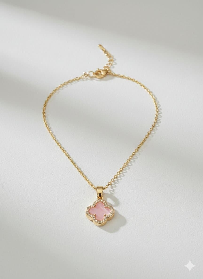 Gold-Tone Pink Clover Pendant Necklace with Crystal Halo Accent and Adjustable Link Chain — image 1