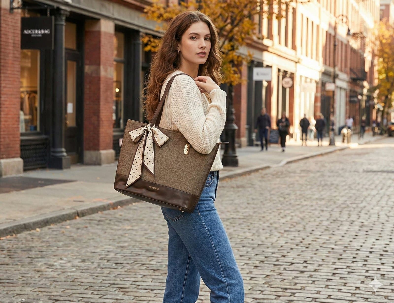 The Scarf-Accented Woven Tote – Coffee Brown — image 3