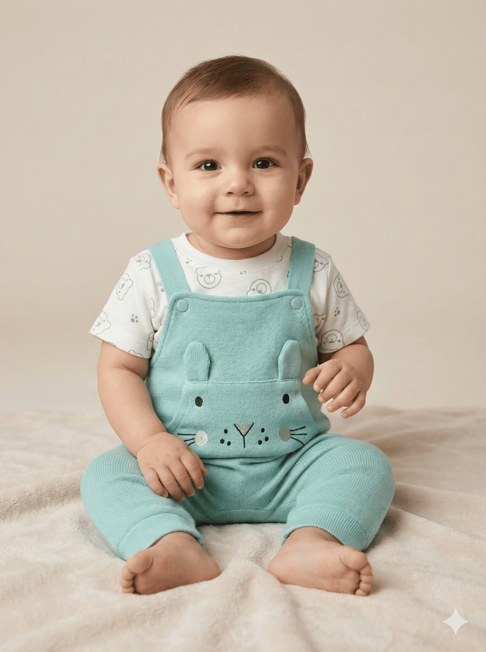 Mint Green Knitted Dungaree Set with Bunny Embroidery and Printed Tee — image 1