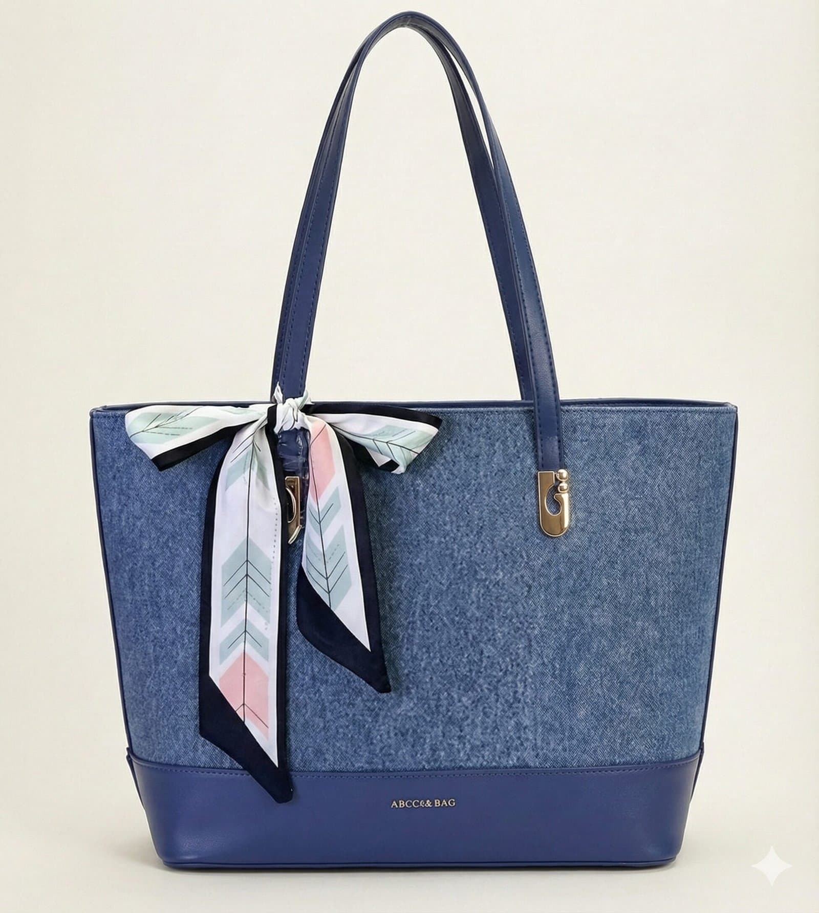 The Scarf-Accented Woven Tote – Denim Blue — image 1