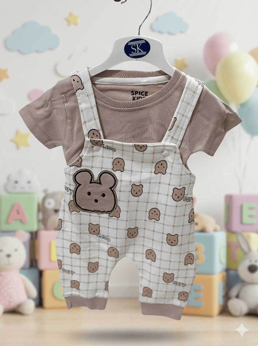 Beige Bear Checkered Dungaree & T-Shirt Set — image 2