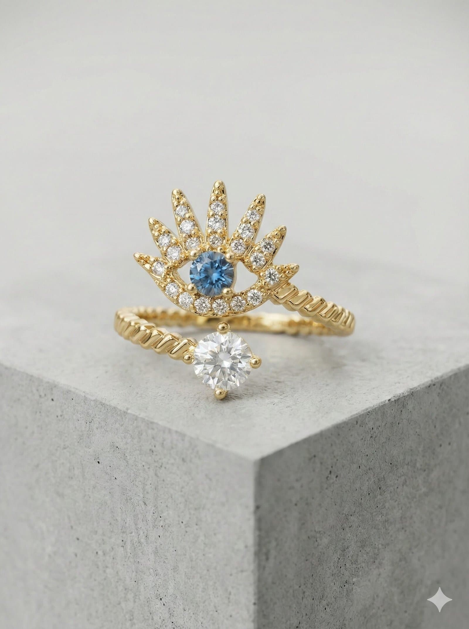 Gold-Toned Evil Eye Open Ring with Solitaire Accent and Twisted Rope Band — image 1