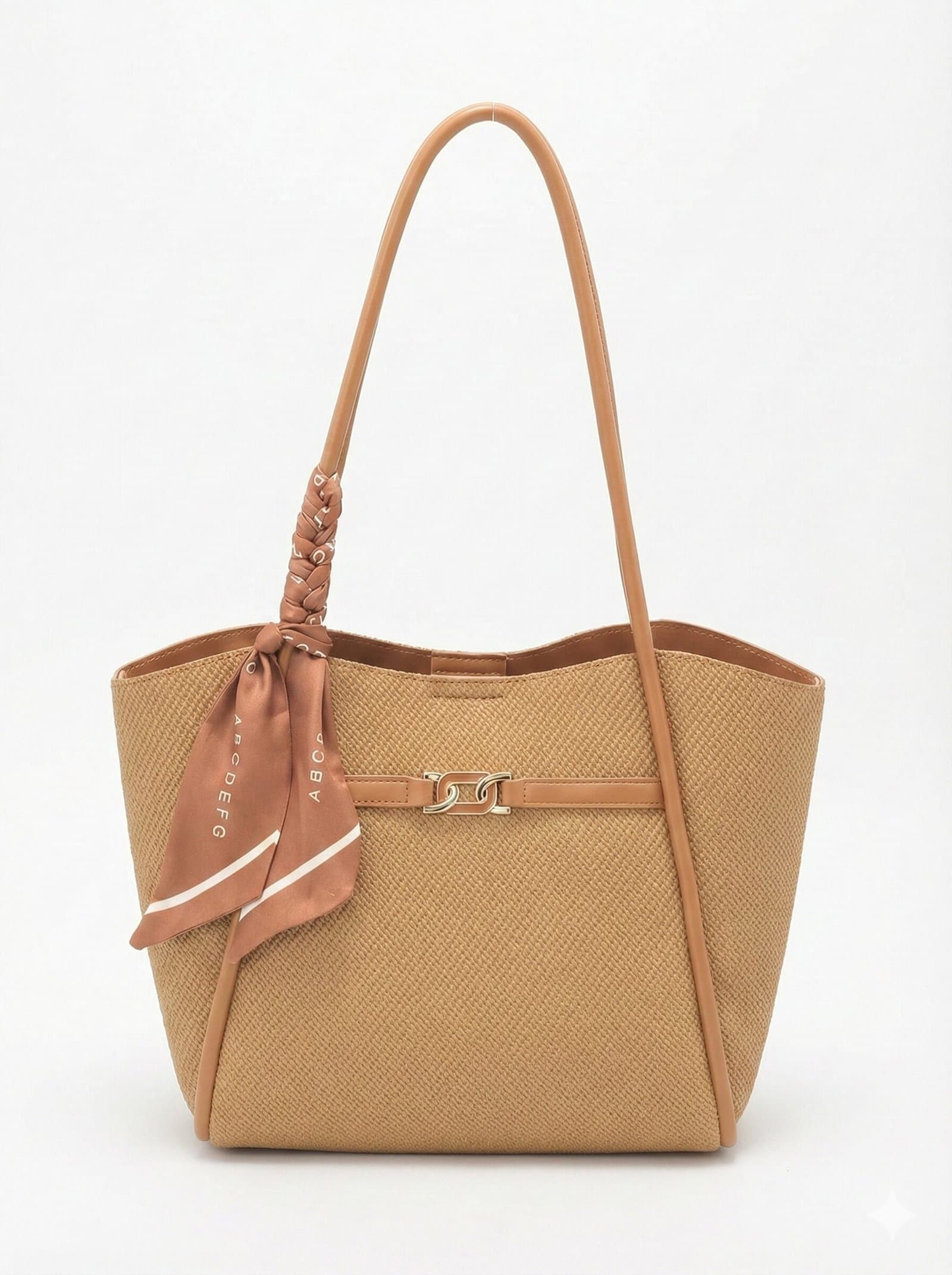 Midnight Woven Texture Tote with Leopard Scarf Accent Golden Tone — image 1