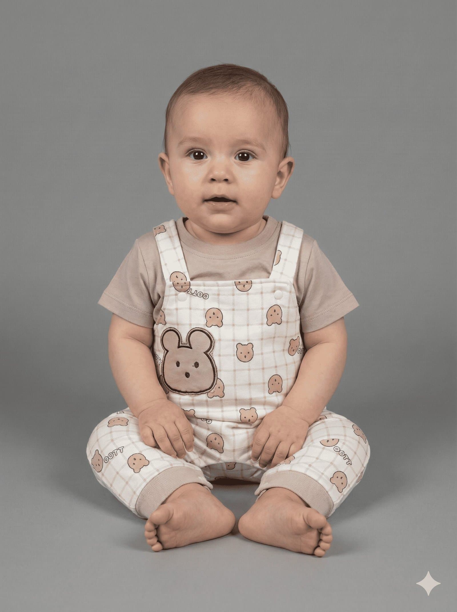 Beige Bear Checkered Dungaree & T-Shirt Set — image 1