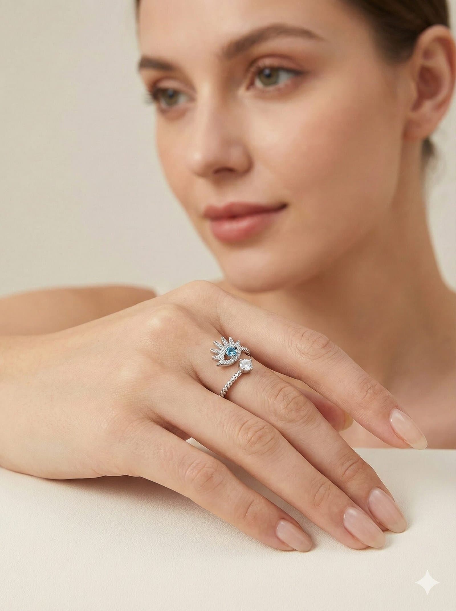 Silver-Tone Twisted Open Ring with Pave Eye Motif and Blue Stone Center — image 2