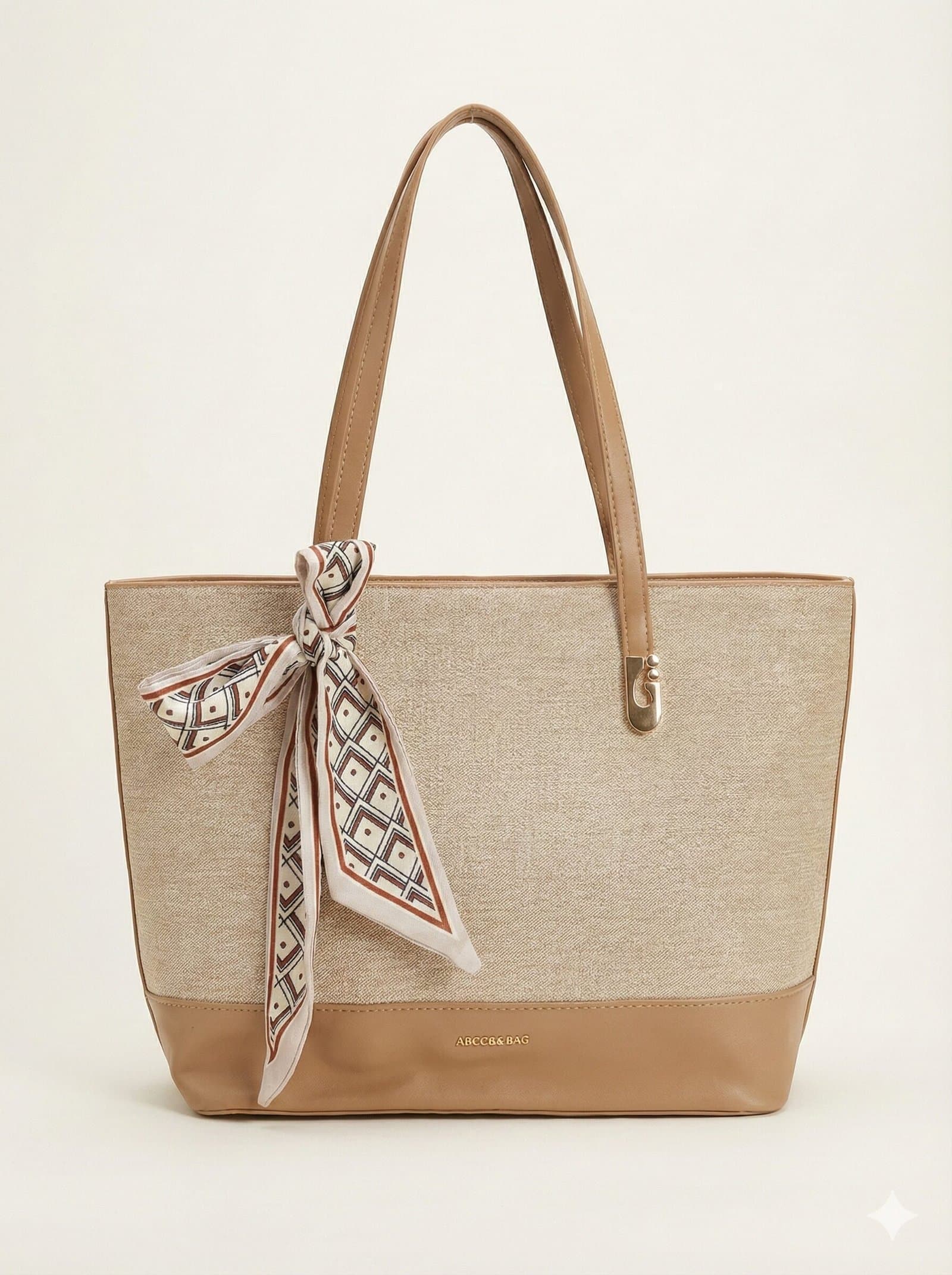 The Scarf-Accented Woven Tote – Oatmeal & Tan — image 1