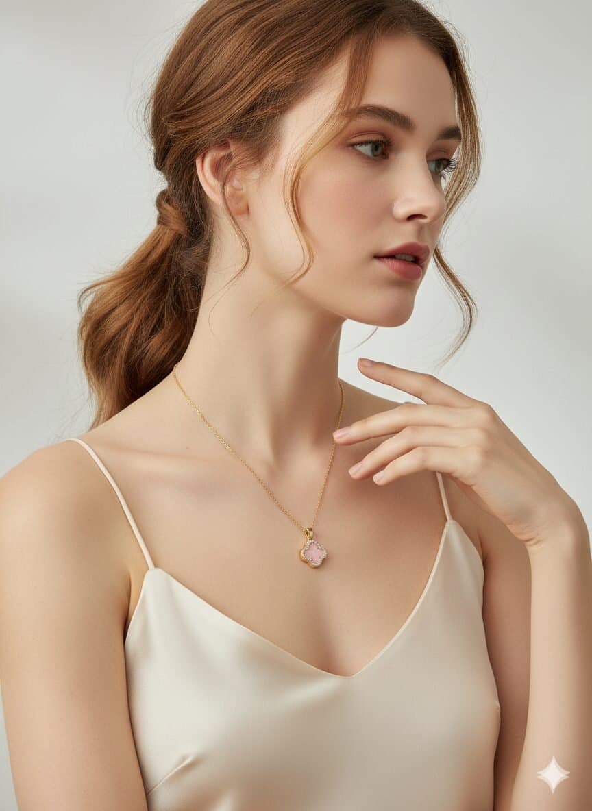 Gold-Tone Pink Clover Pendant Necklace with Crystal Halo Accent and Adjustable Link Chain — image 3