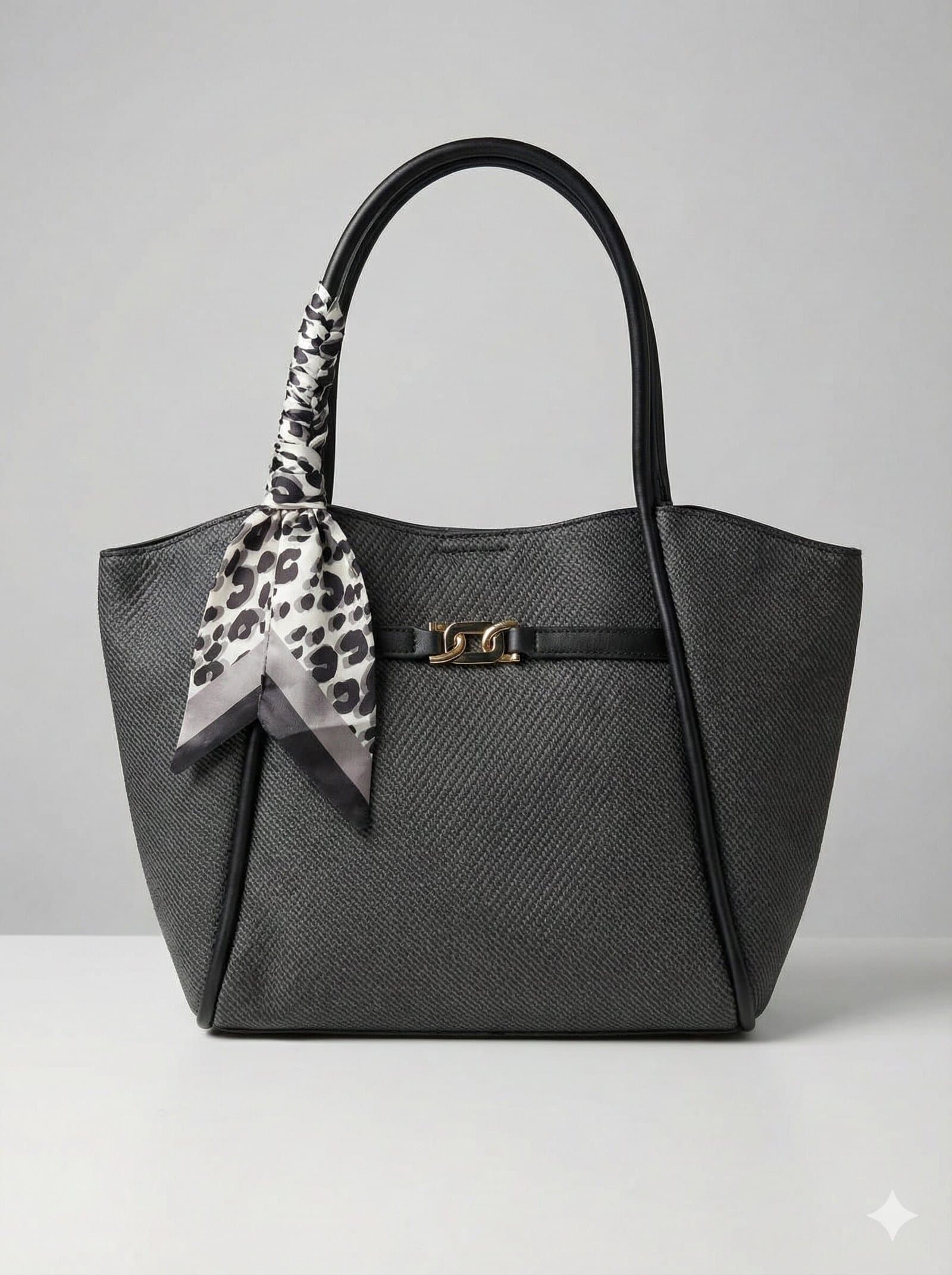 Midnight Woven Texture Tote with Leopard Scarf Accent Black — image 1