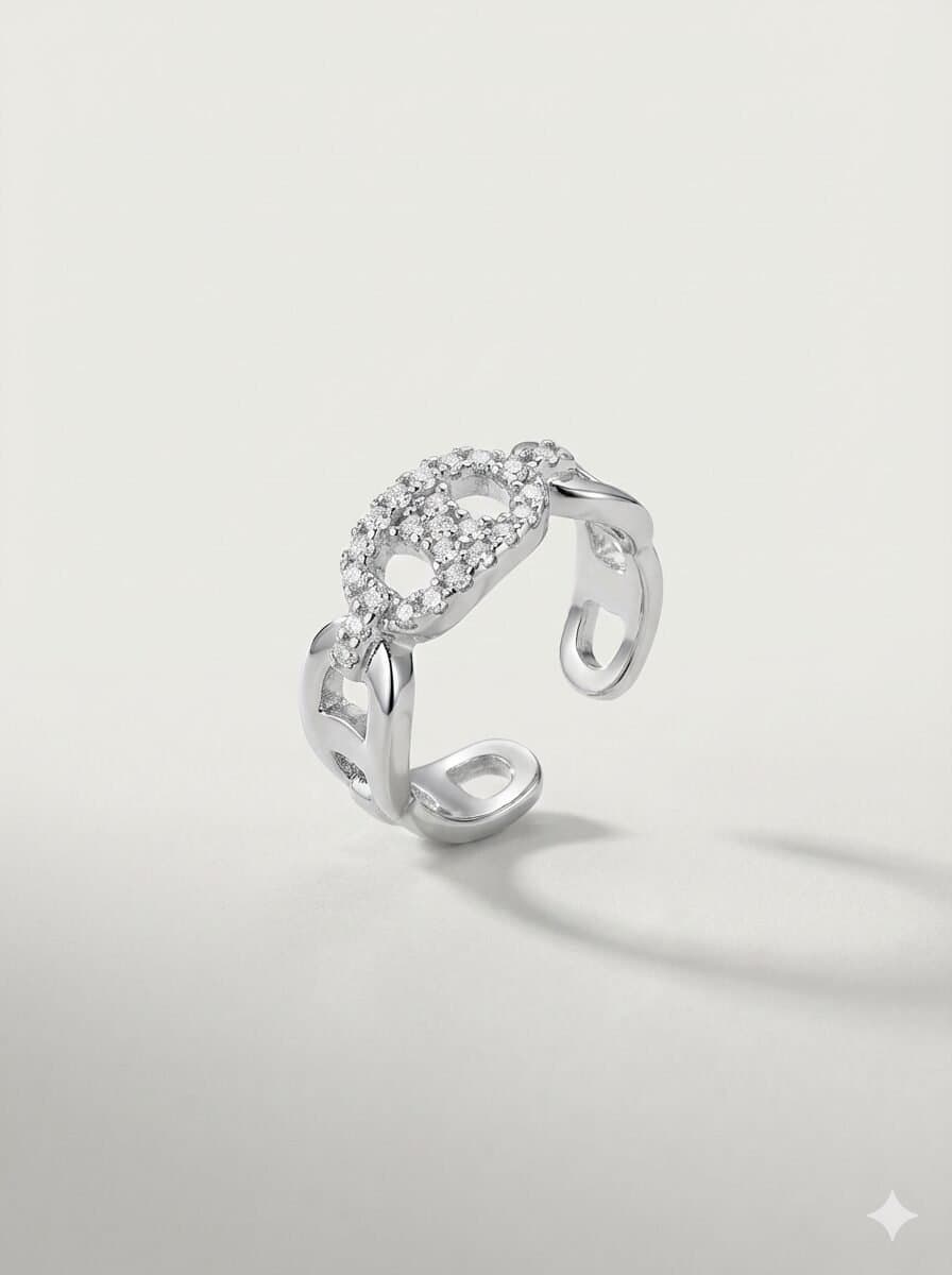 Silver-Toned Pave Crystal Chain Link Adjustable Open Ring — image 3