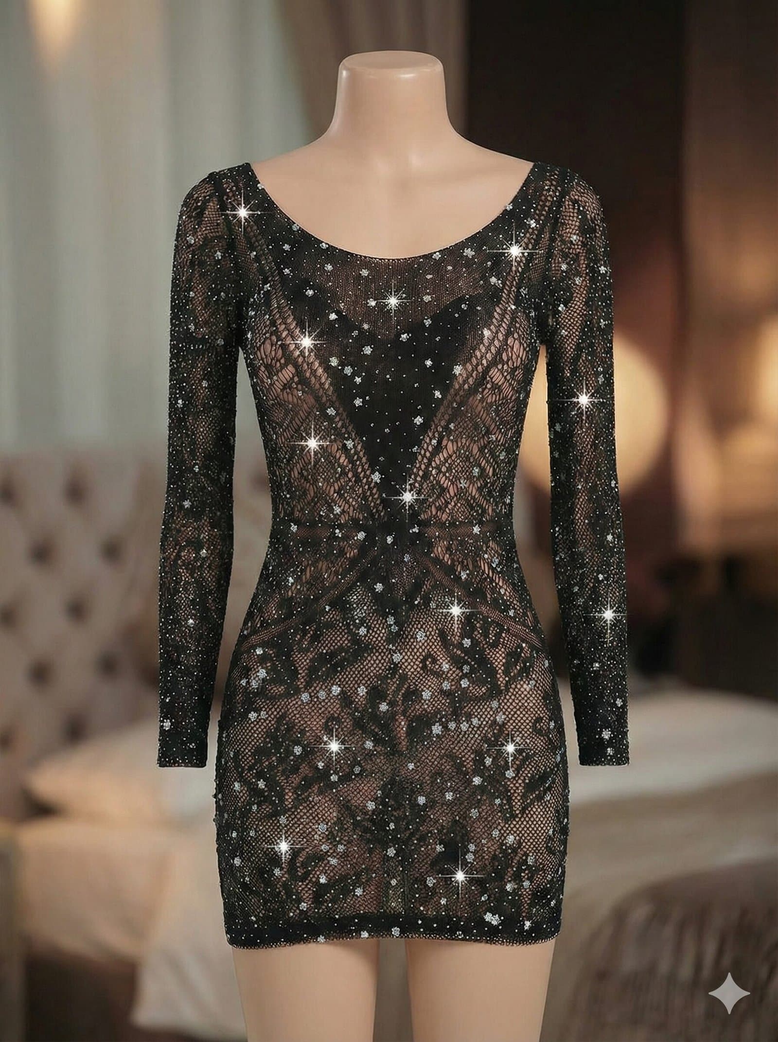 Rhinestone Crystal Embellished Long-Sleeve Bodystocking Dress — image 2