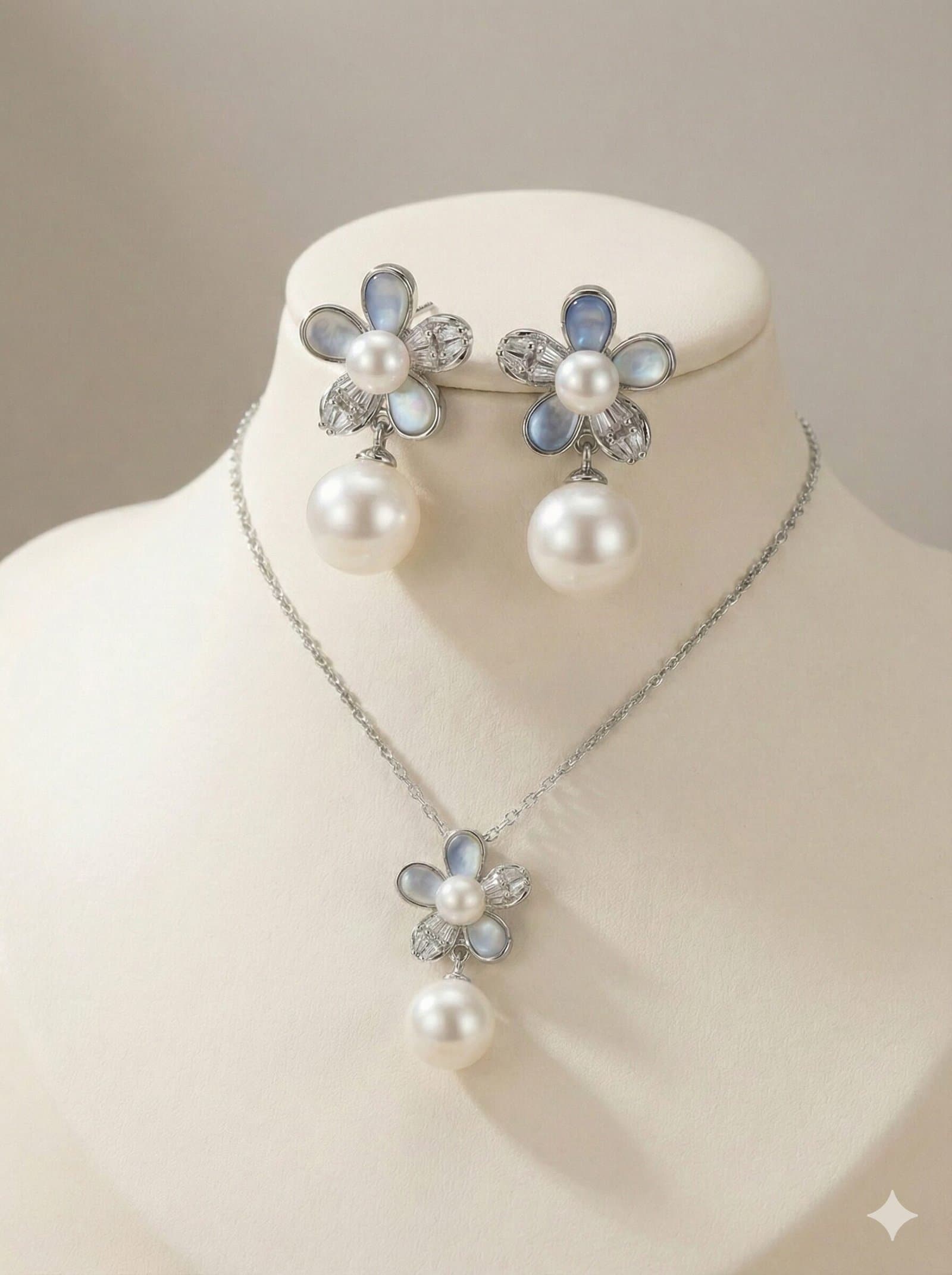 The "Azure Whisper" Floral Pearl Drop Jewelry Set — image 1