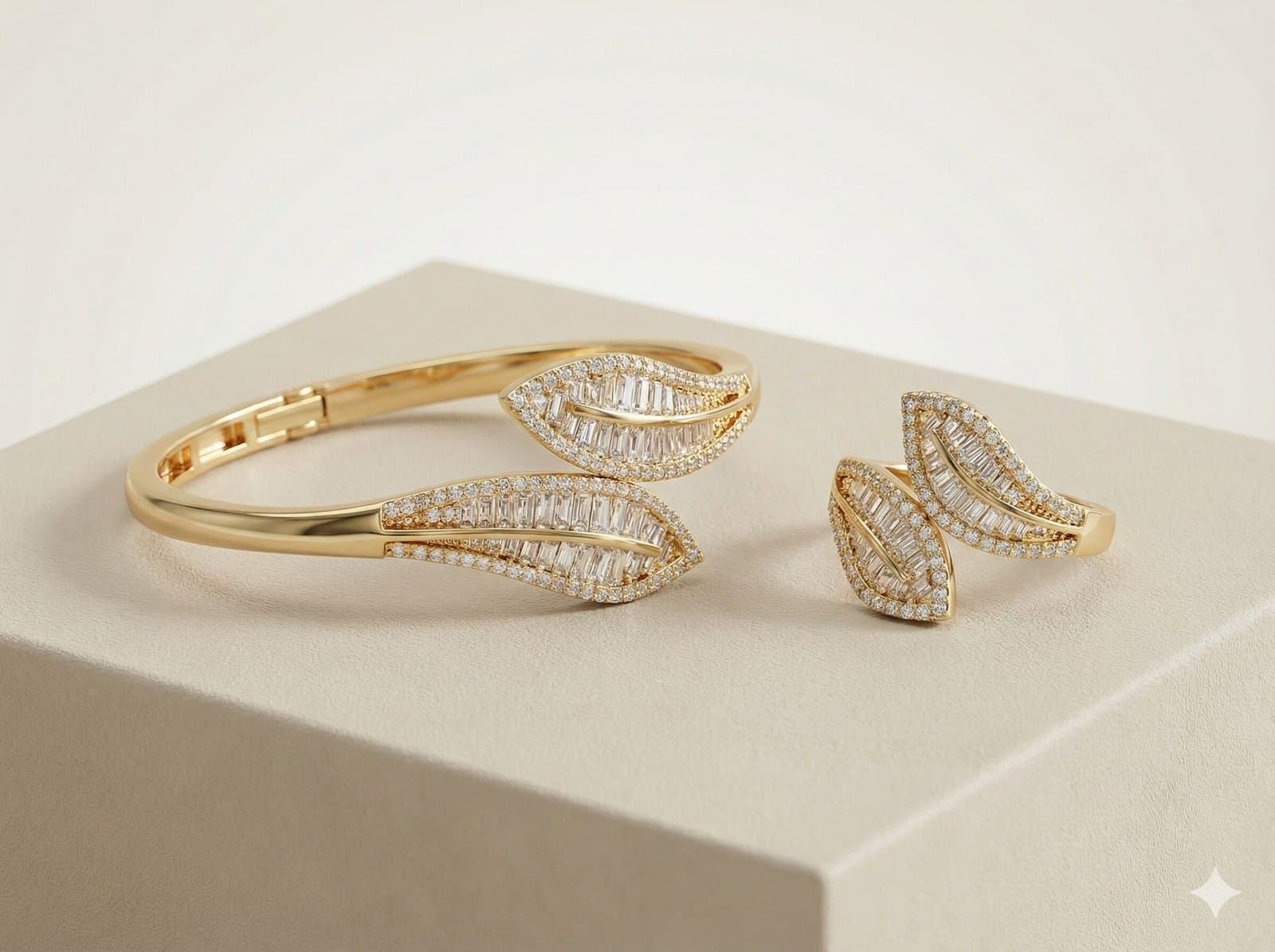 Gold-Tone Open Cuff Bangle and Matching Wrap Ring Set with Baguette Stone Leaf Motif — image 1