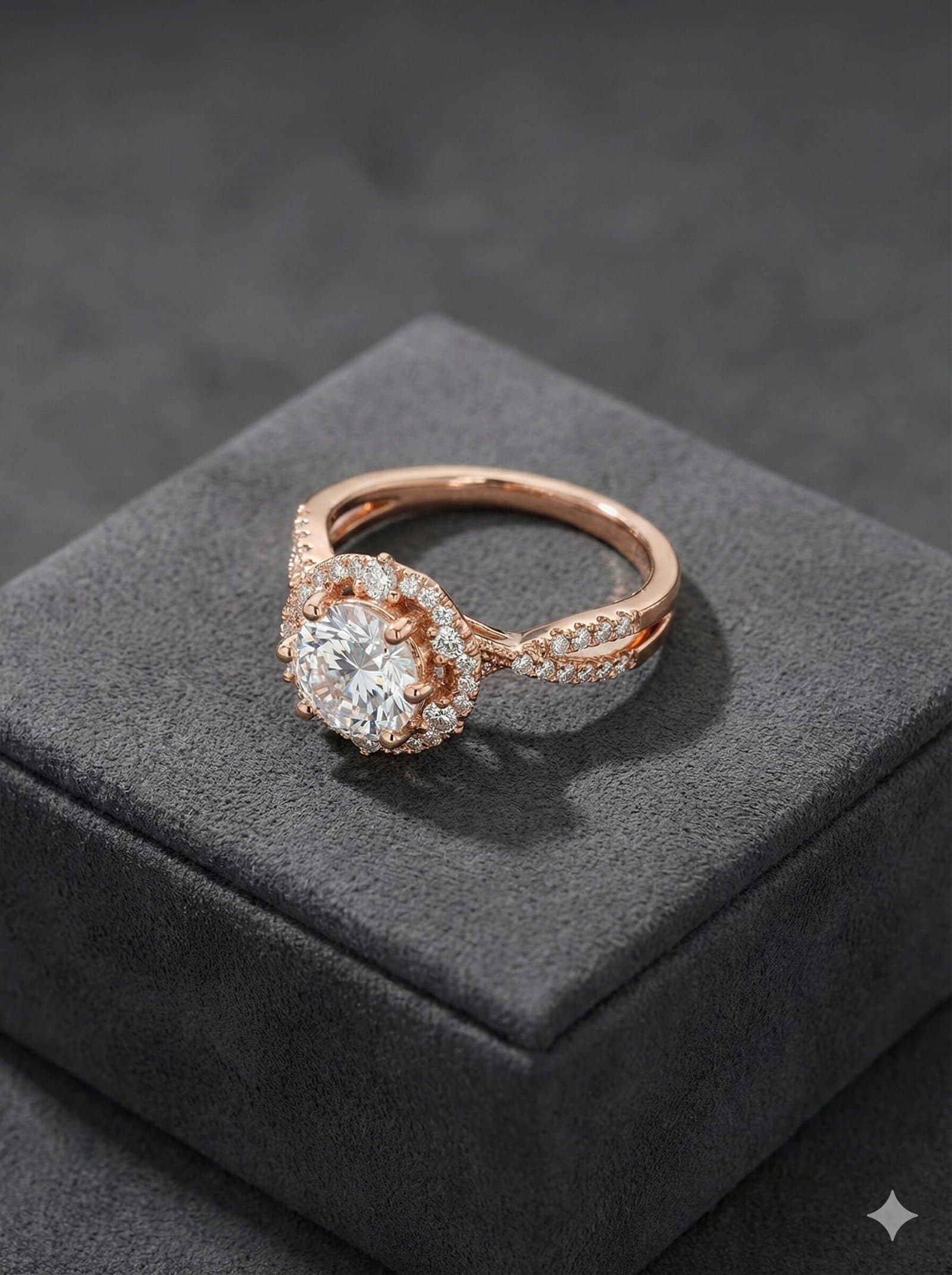 Rose Gold Tone Round Halo Ring with Twisted Split Shank and Pave Accents — image 3