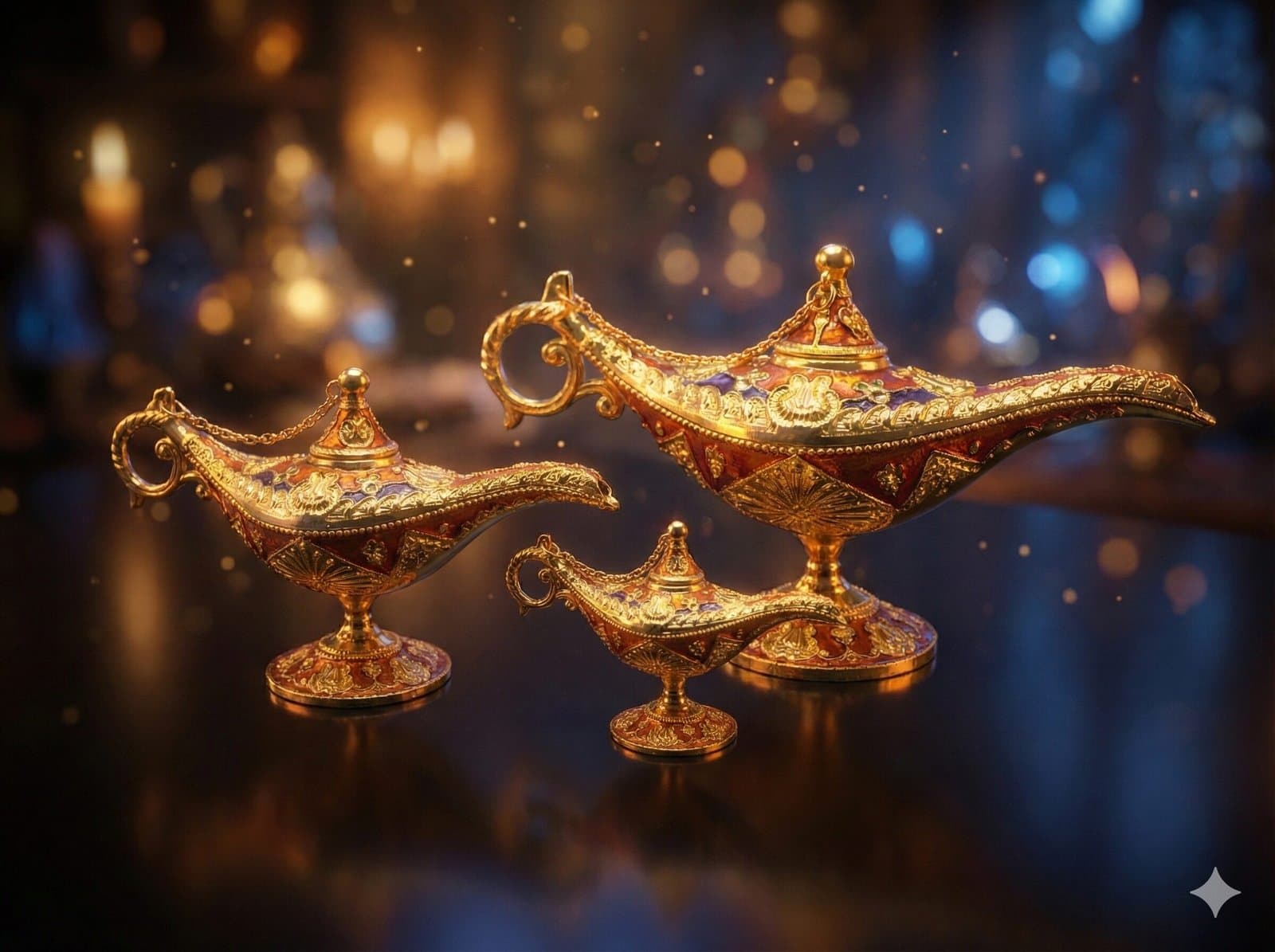 Royal Arabian Nights 3-Piece Genie Lamp Set – Vintage Gold & Enamel Souvenir Collection — image 3