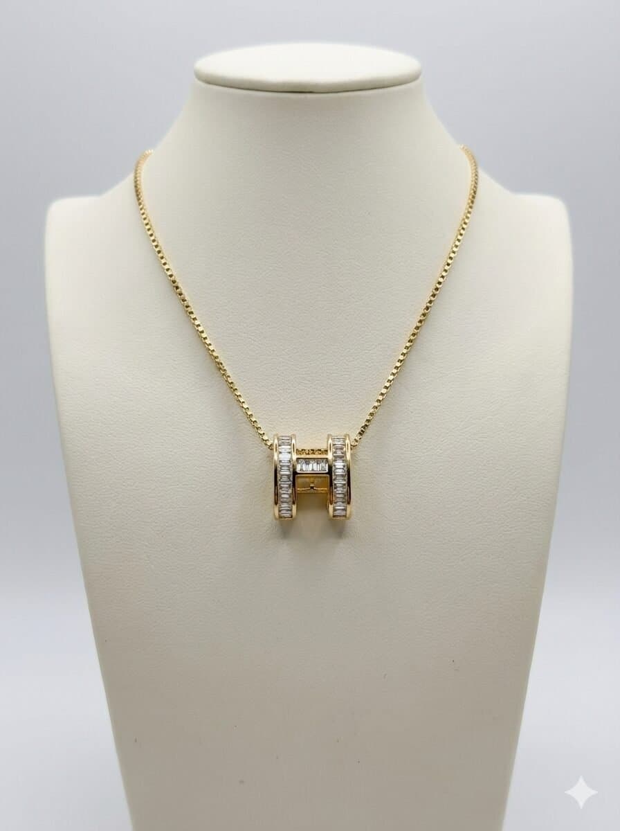 Gold-Tone Geometric H-Pendant Necklace with Baguette-Cut Clear Stones on Box Chain — image 1