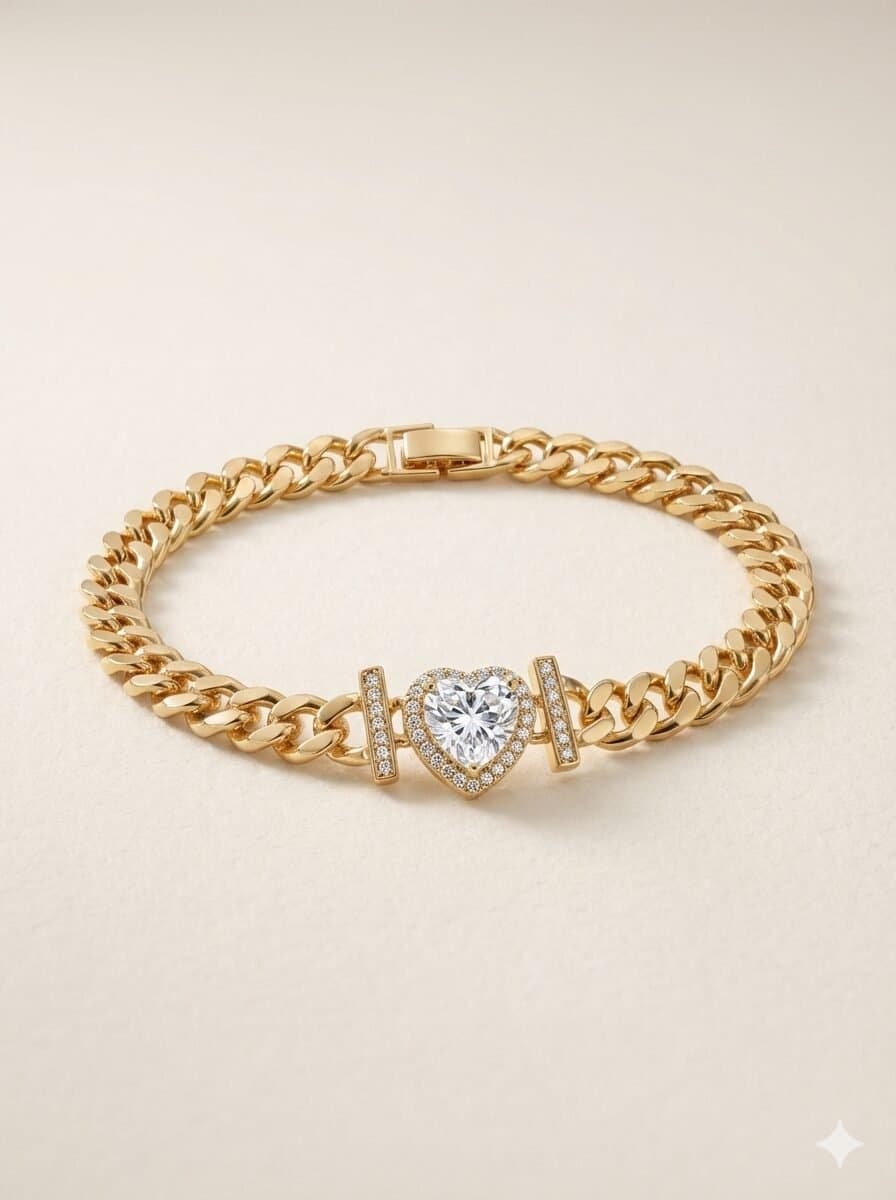 Gold-Tone Cuban Link Bracelet with Pave Crystal Heart Centerpiece — image 1