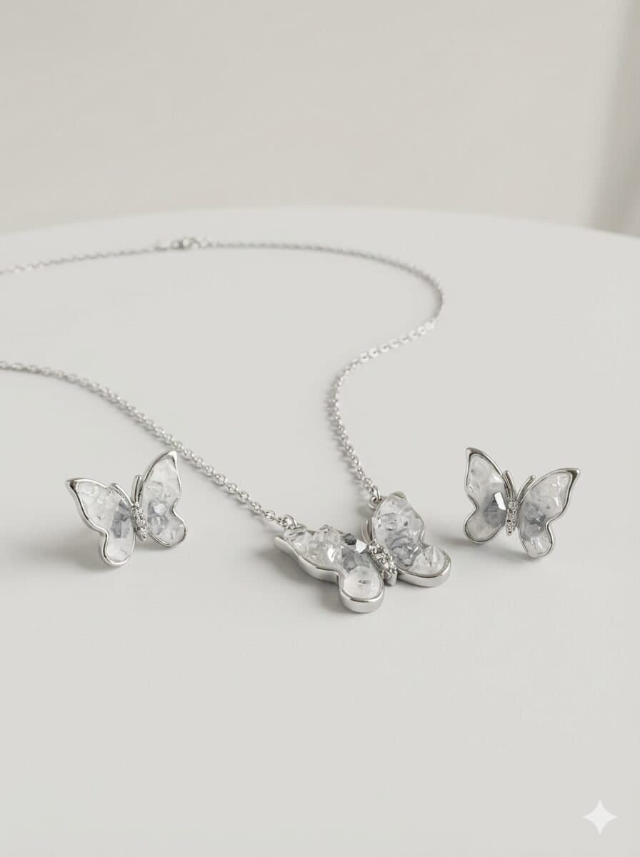 Silver-Tone Butterfly Jewelry Set with Crushed White Inlay and Crystal Accents – Necklace & Stud Earrings — image 1