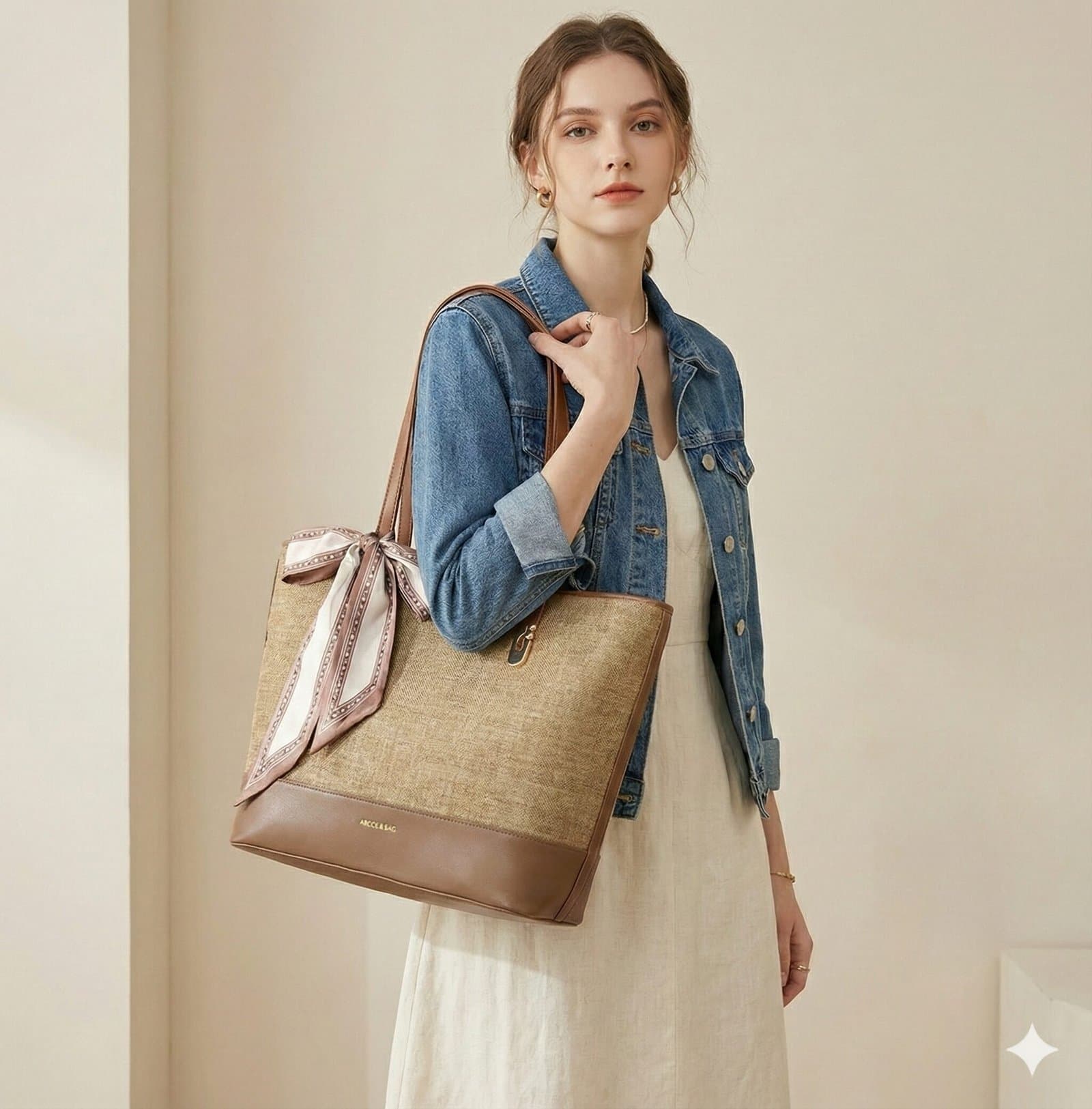The Scarf-Accented Woven Tote – Khaki & Mocha — image 3