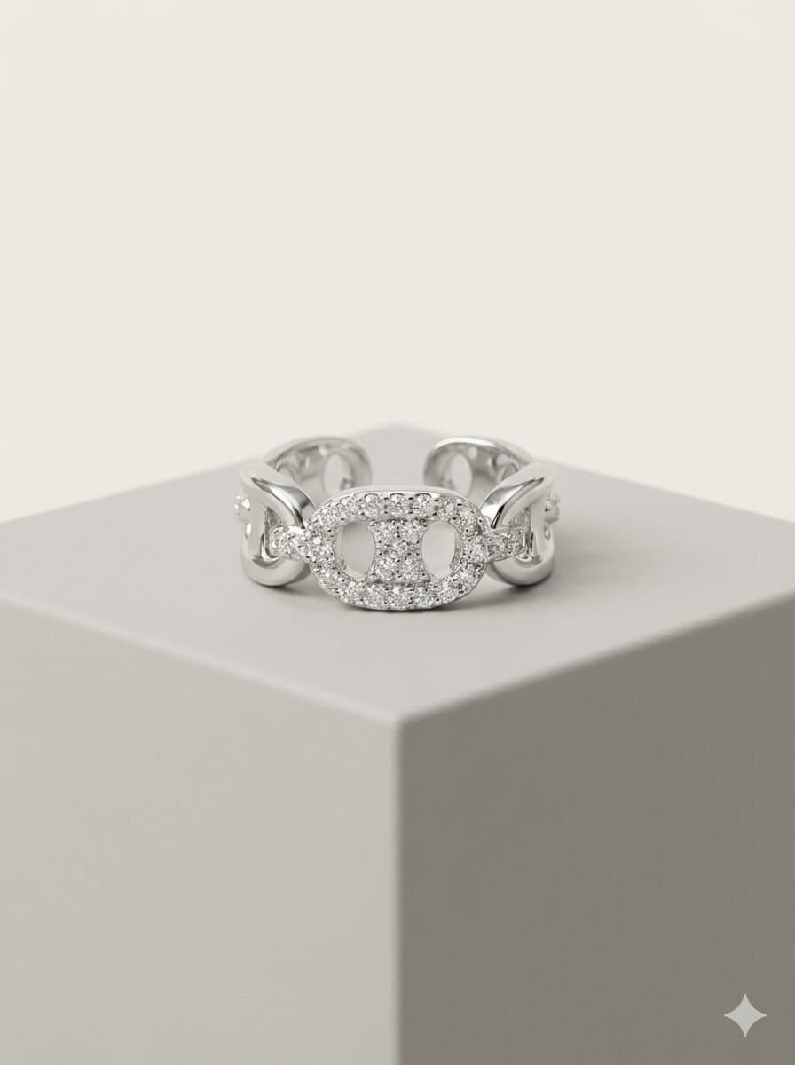 Silver-Toned Pave Crystal Chain Link Adjustable Open Ring — image 1