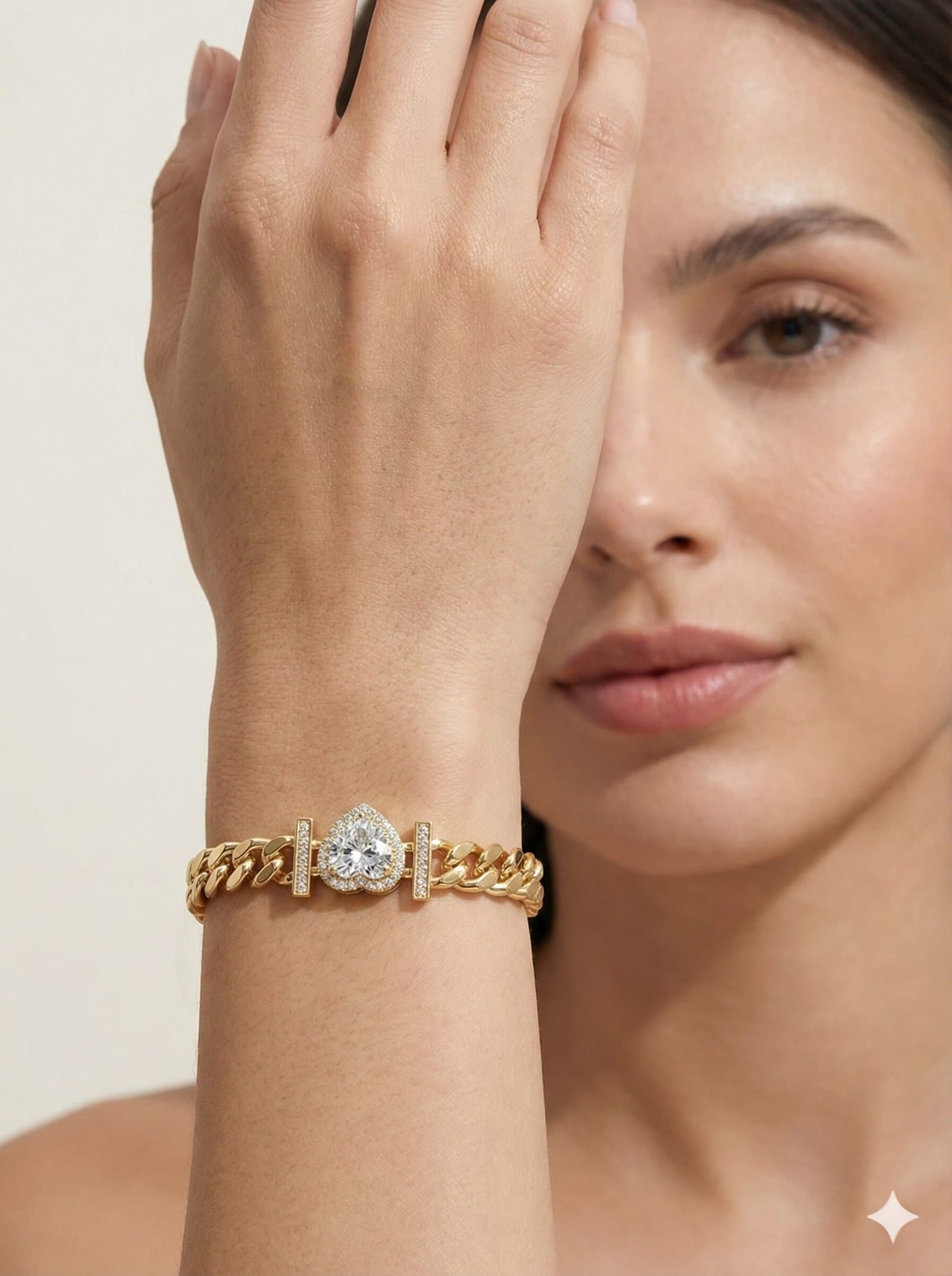 Gold-Tone Cuban Link Bracelet with Pave Crystal Heart Centerpiece — image 5