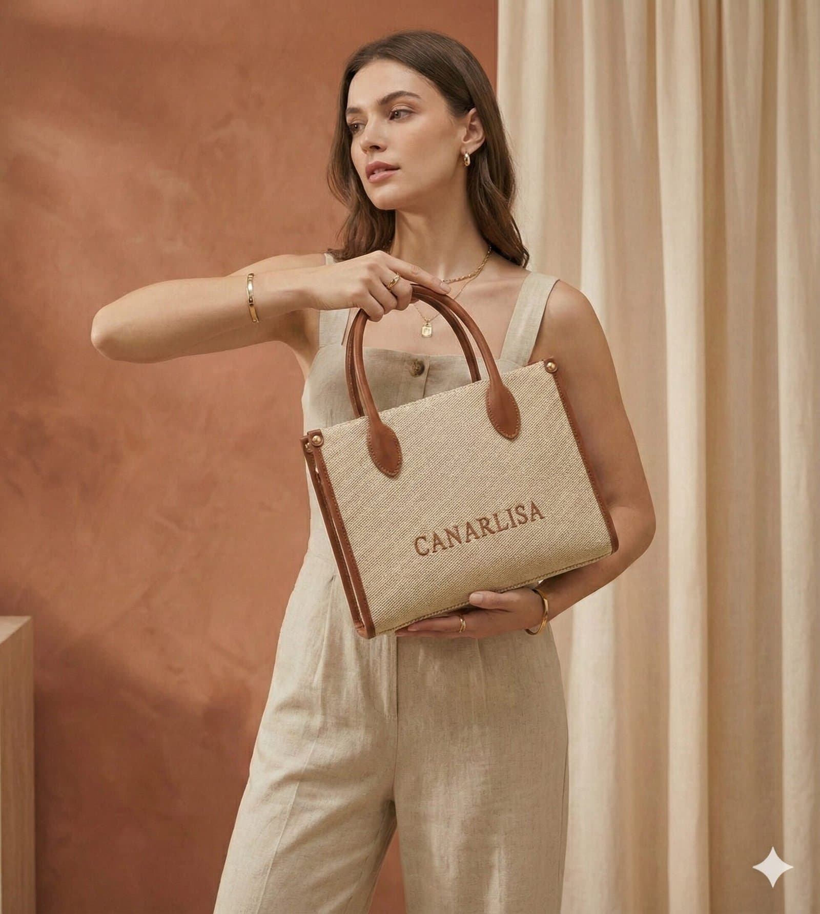 Canarlisa Signature Structured Canvas Tote Bag – Beige/Brown — image 1