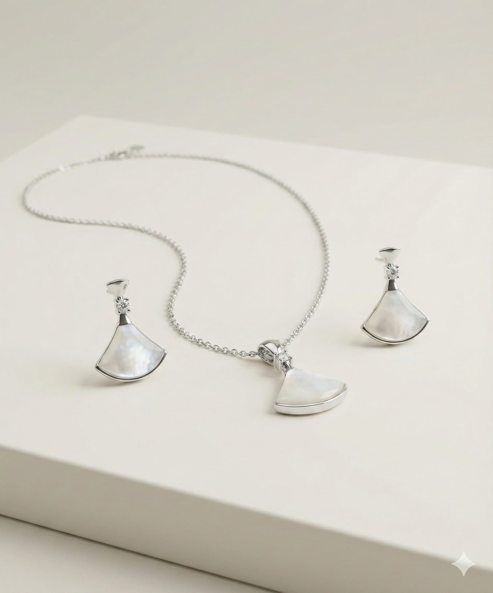 Silver-Tone Fan Pendant Necklace and Earrings Jewelry Set with White Pearlescent Inlay and Crystal Accents — image 1