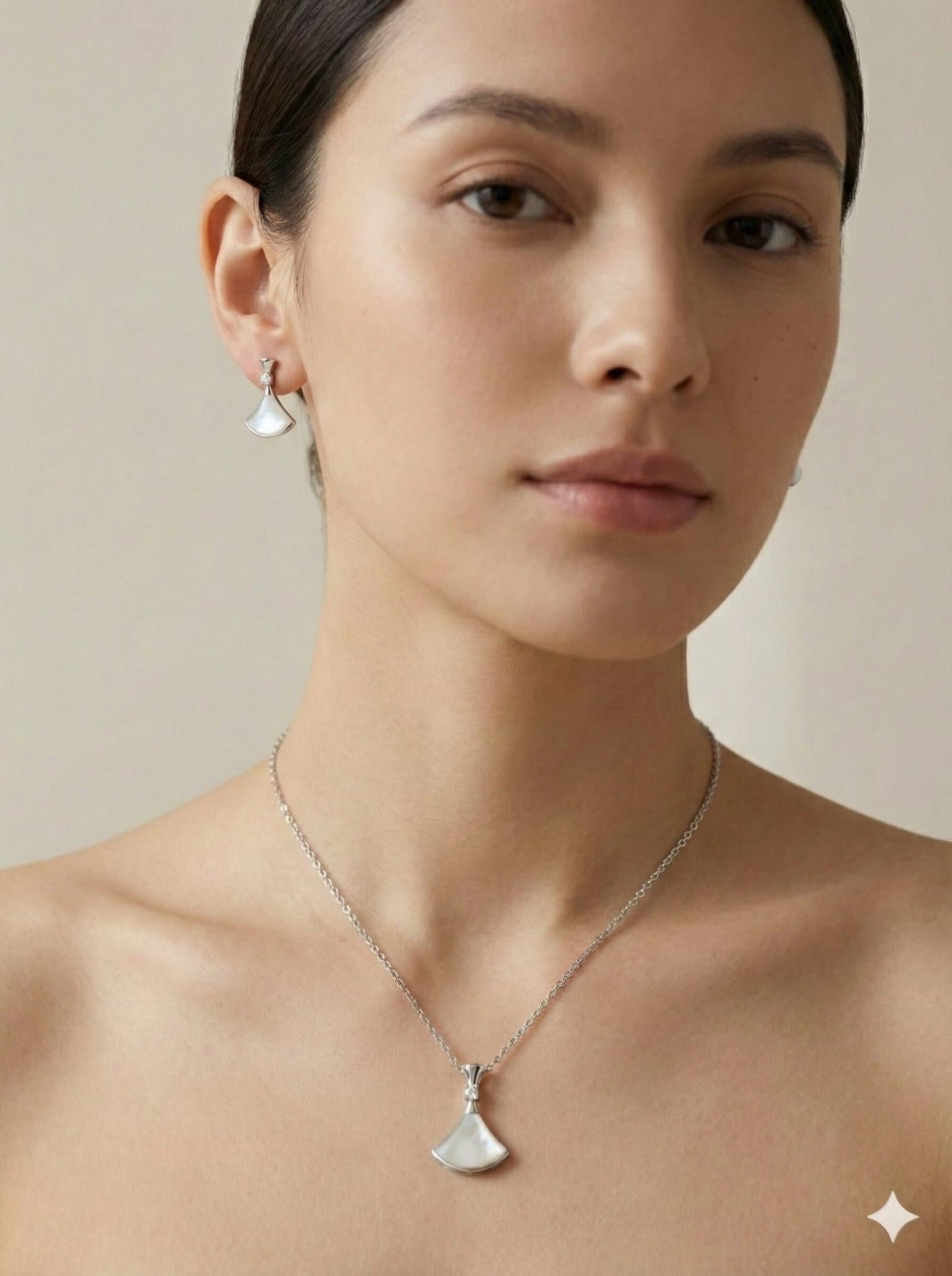 Silver-Tone Fan Pendant Necklace and Earrings Jewelry Set with White Pearlescent Inlay and Crystal Accents — image 4