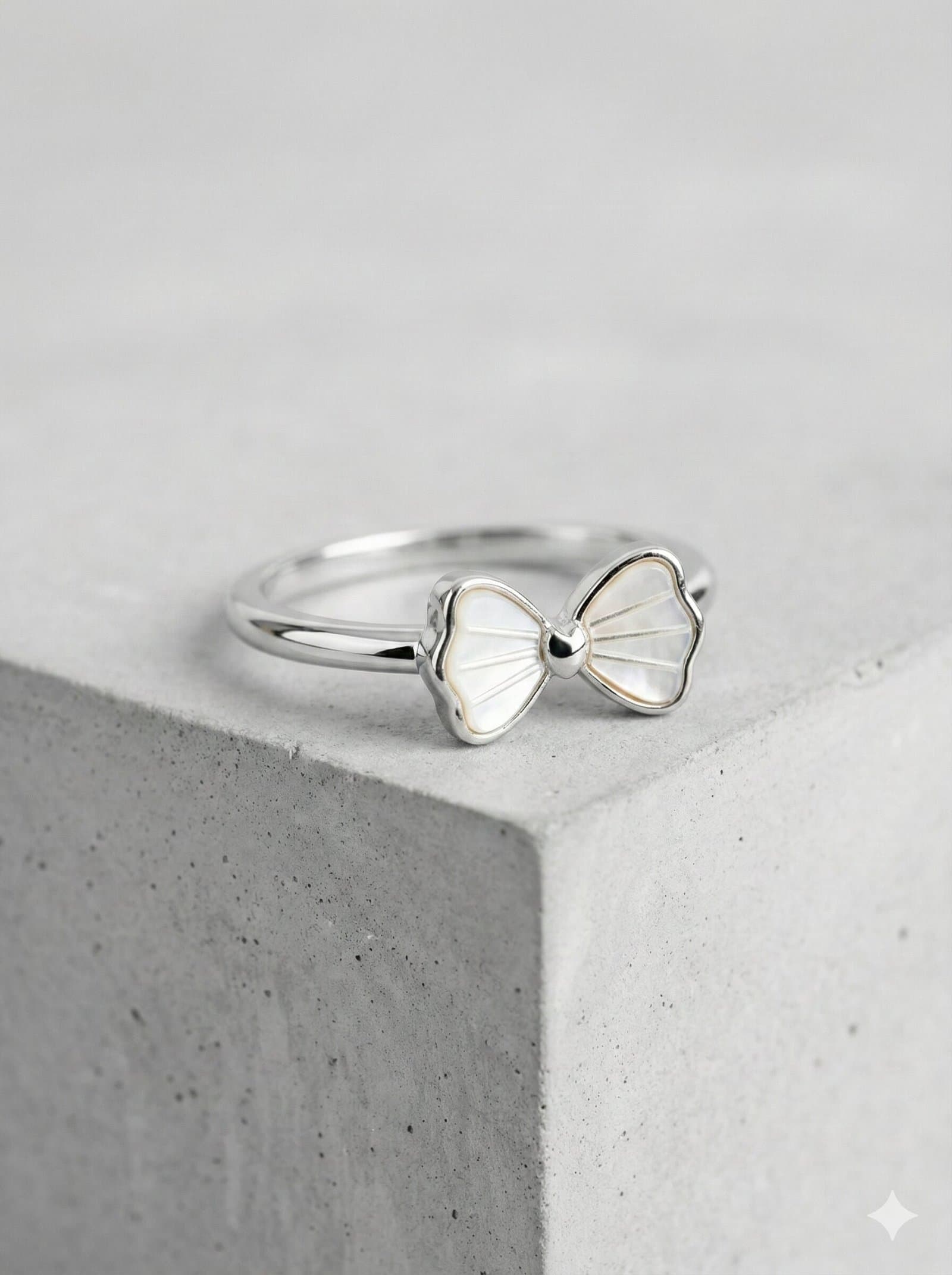 Silver Bow Ring with White Shell Inlay Detailing