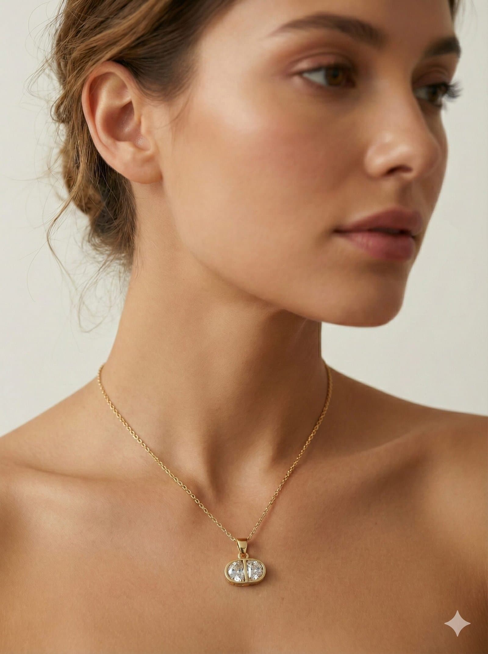 Gold-Tone Oval Pendant Necklace with Dual Faceted Clear Crystals — image 2