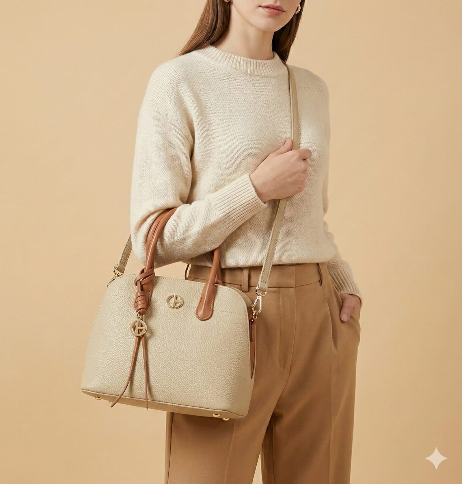 The Two-Tone Pebbled Dome Satchel – Cream & Tan — image 3