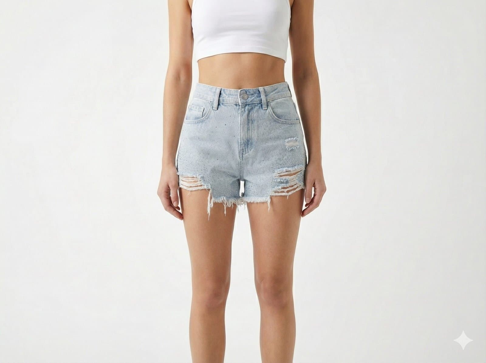 High-Rise Rhinestone Distressed Denim  Sky Blue Shorts — image 1