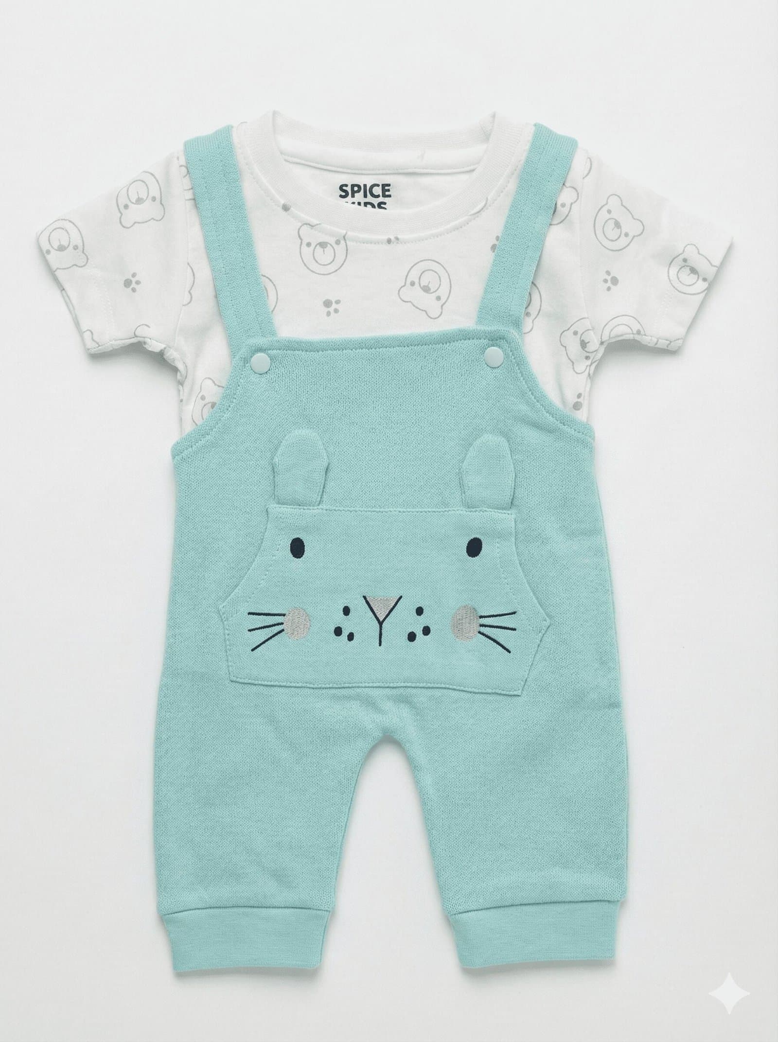 Mint Green Knitted Dungaree Set with Bunny Embroidery and Printed Tee — image 4