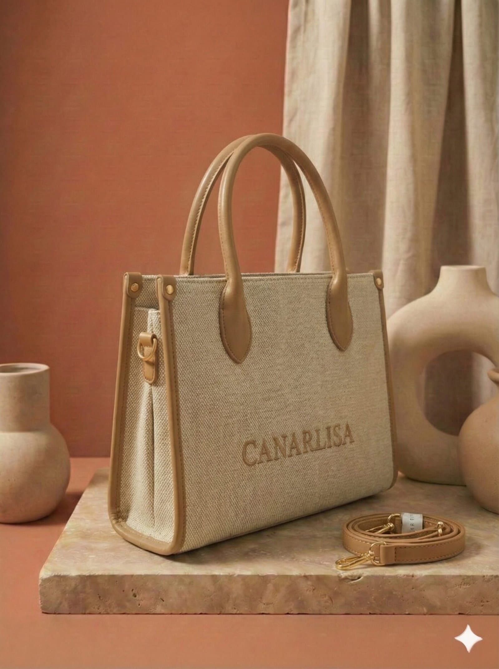 Canarlisa Structured Canvas Tote Bag – Cream & Tan — image 4