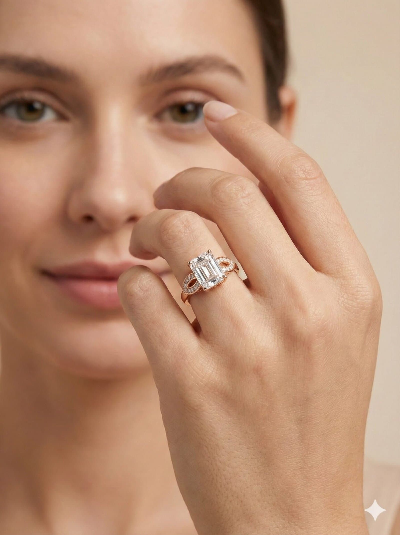 Gold-Tone Emerald Cut Solitaire Ring with Crystal Leaf Accents and Adjustable Band — image 3