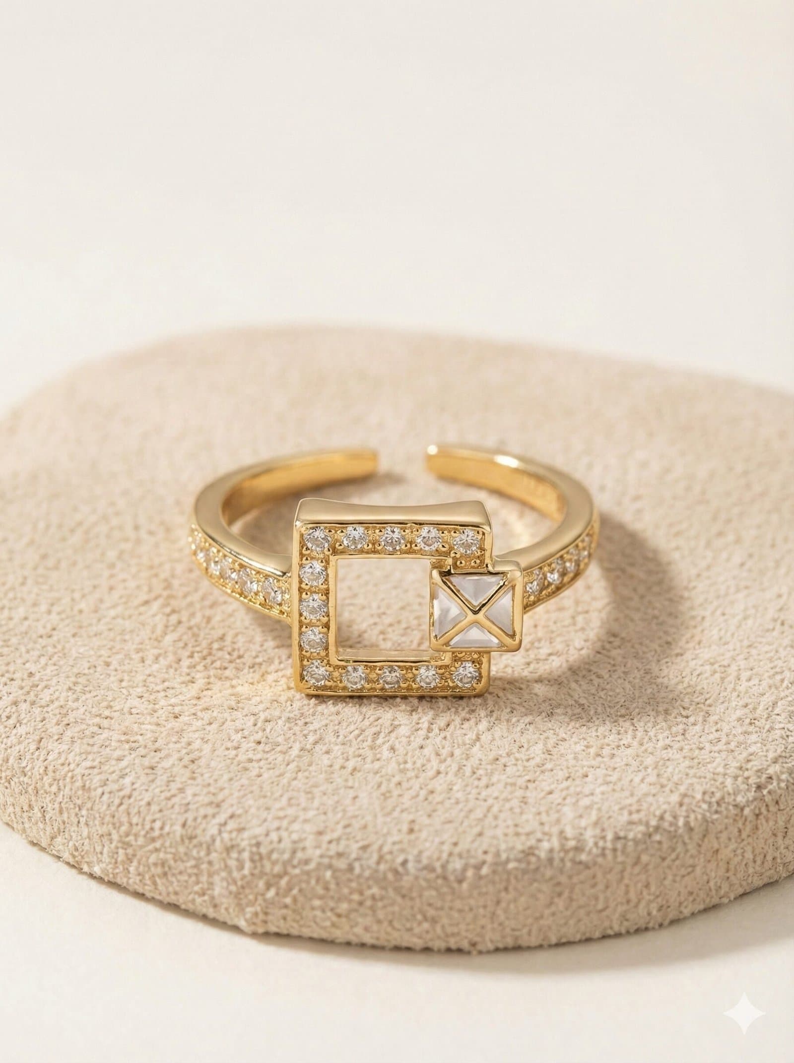Gold-Tone Geometric Square Bracelet and Adjustable Ring Set with Crystal Accents and White Inlay — image 2