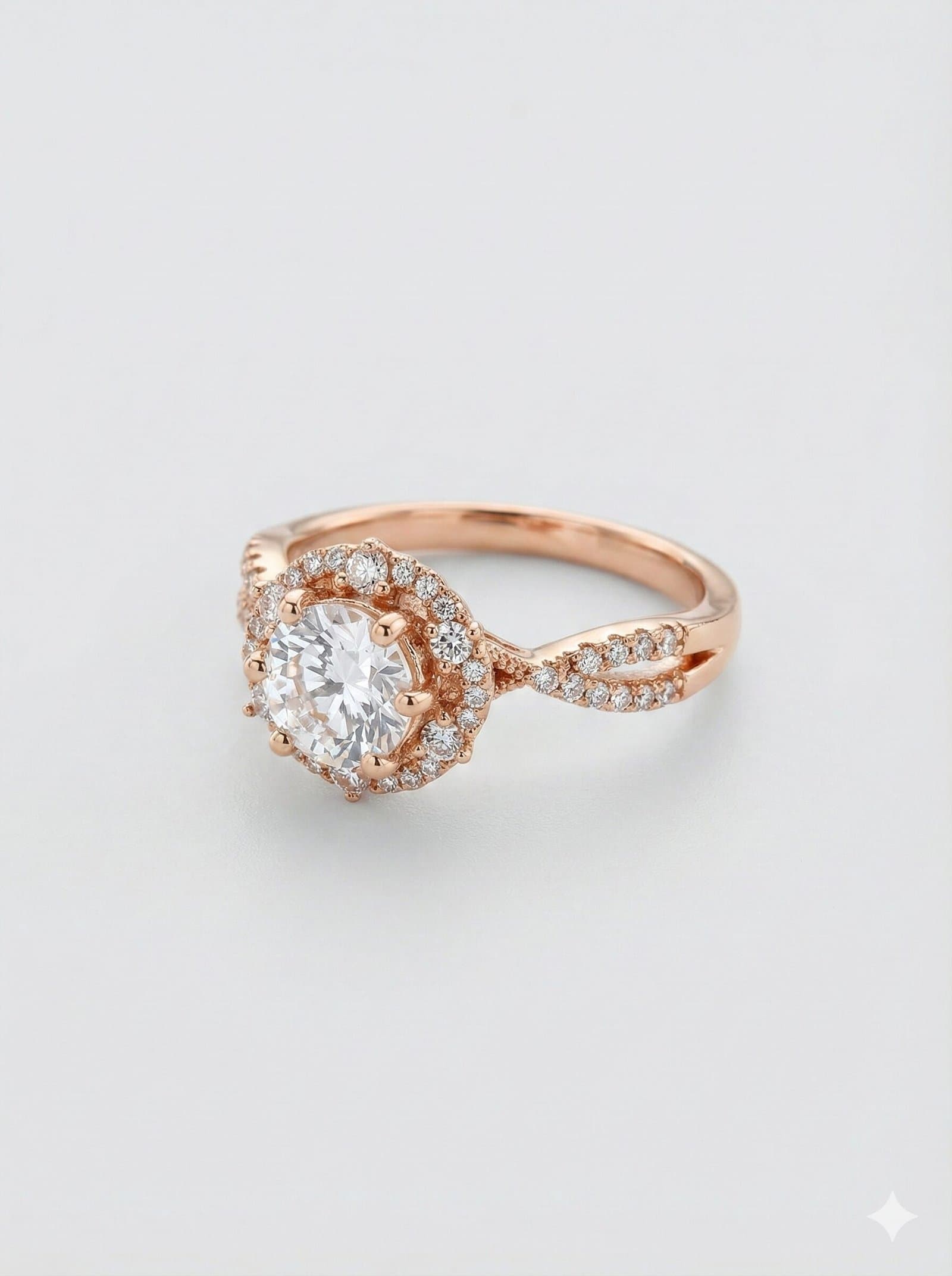 Rose Gold Tone Round Halo Ring with Twisted Split Shank and Pave Accents — image 4