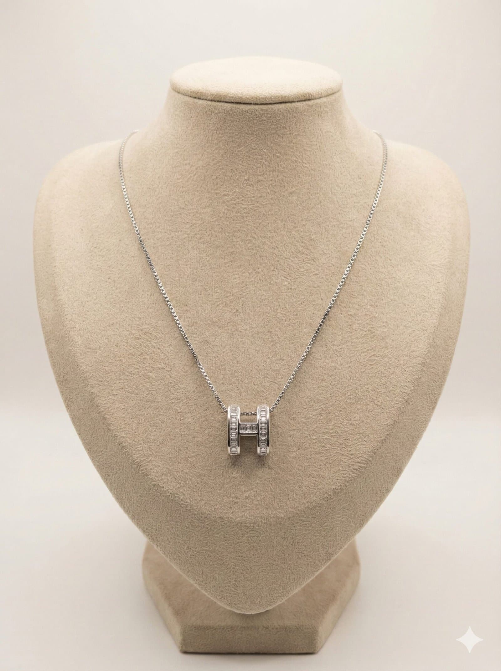 Silver-Tone Geometric H Pendant Necklace with Baguette-Cut Clear Stones — image 1